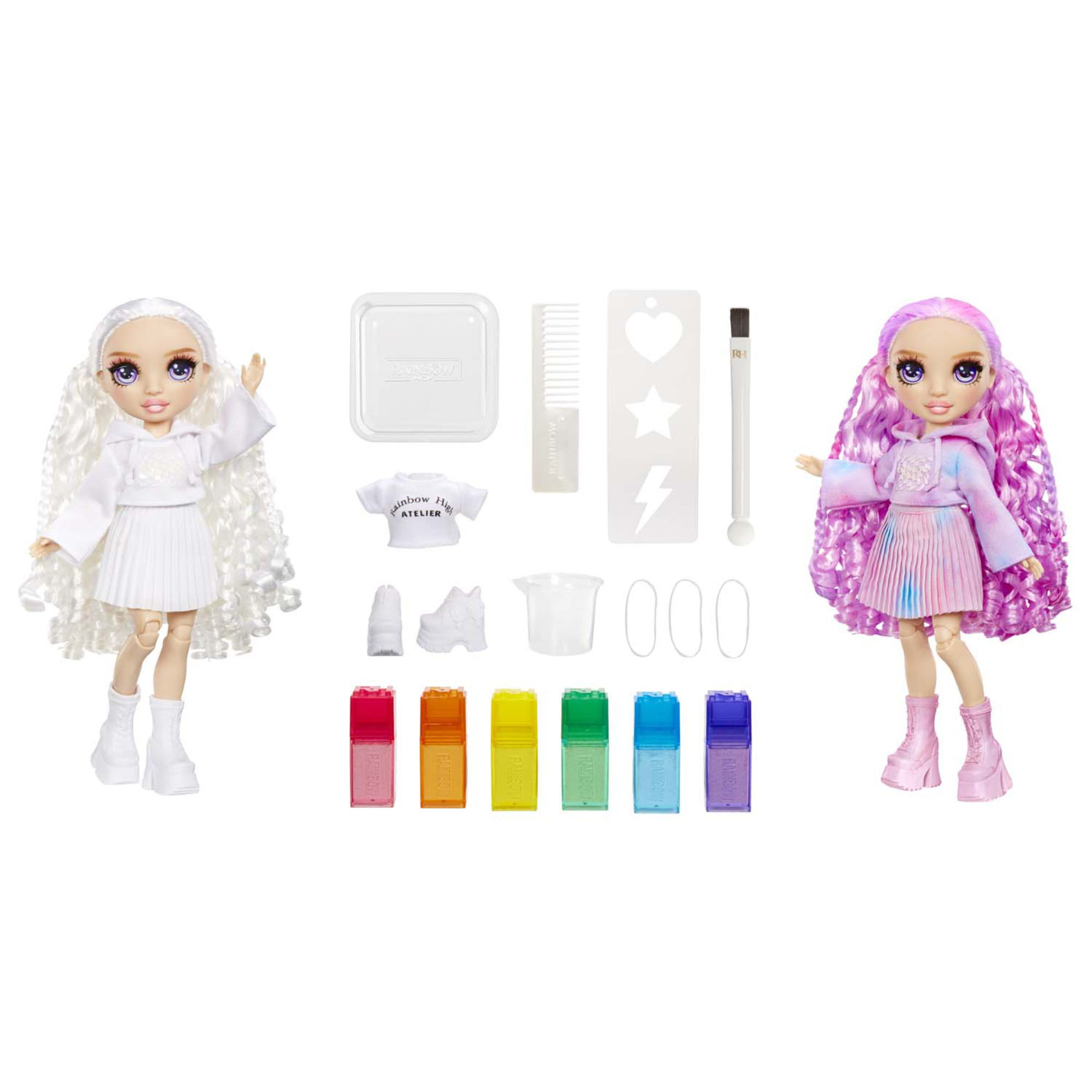 Rainbow high watercolour & create diy fashion doll: acquerelli lavabili, kit tie-dye, occhi viola, capelli ricci, top e scarpe extra - Rainbow High