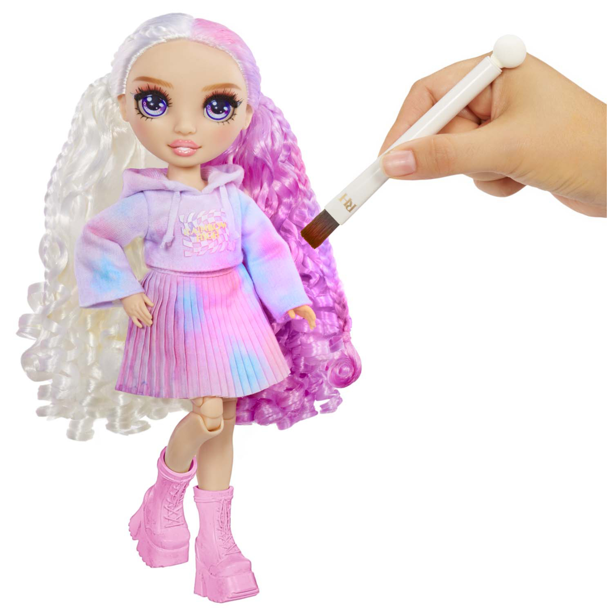 Rainbow high watercolour & create diy fashion doll: acquerelli lavabili, kit tie-dye, occhi viola, capelli ricci, top e scarpe extra - Rainbow High