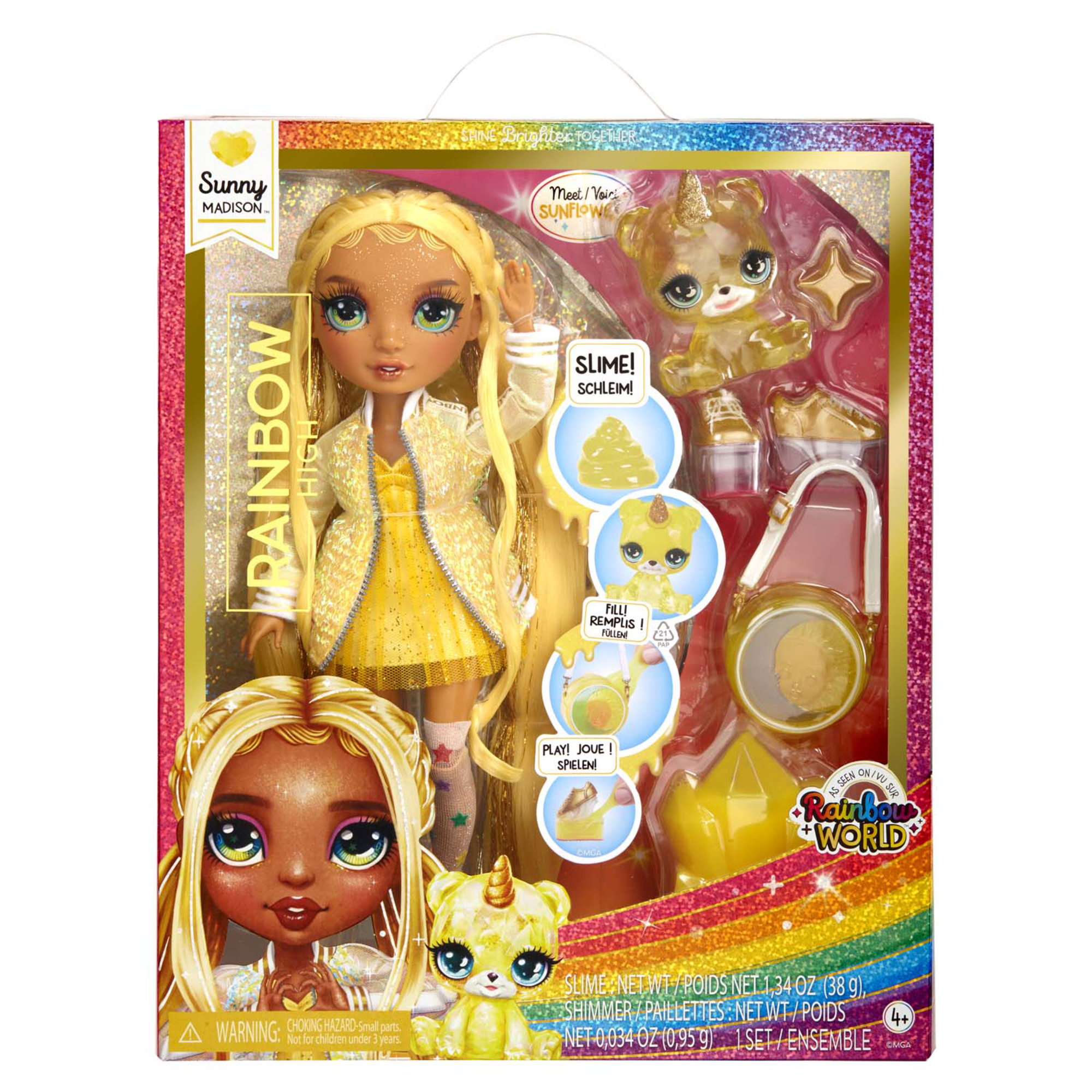 Rainbow high fashion doll con slime & animale - sunny (giallo) - bambola da 28 cm con slime scintillante, animale magico e accessori alla moda - Rainbow High