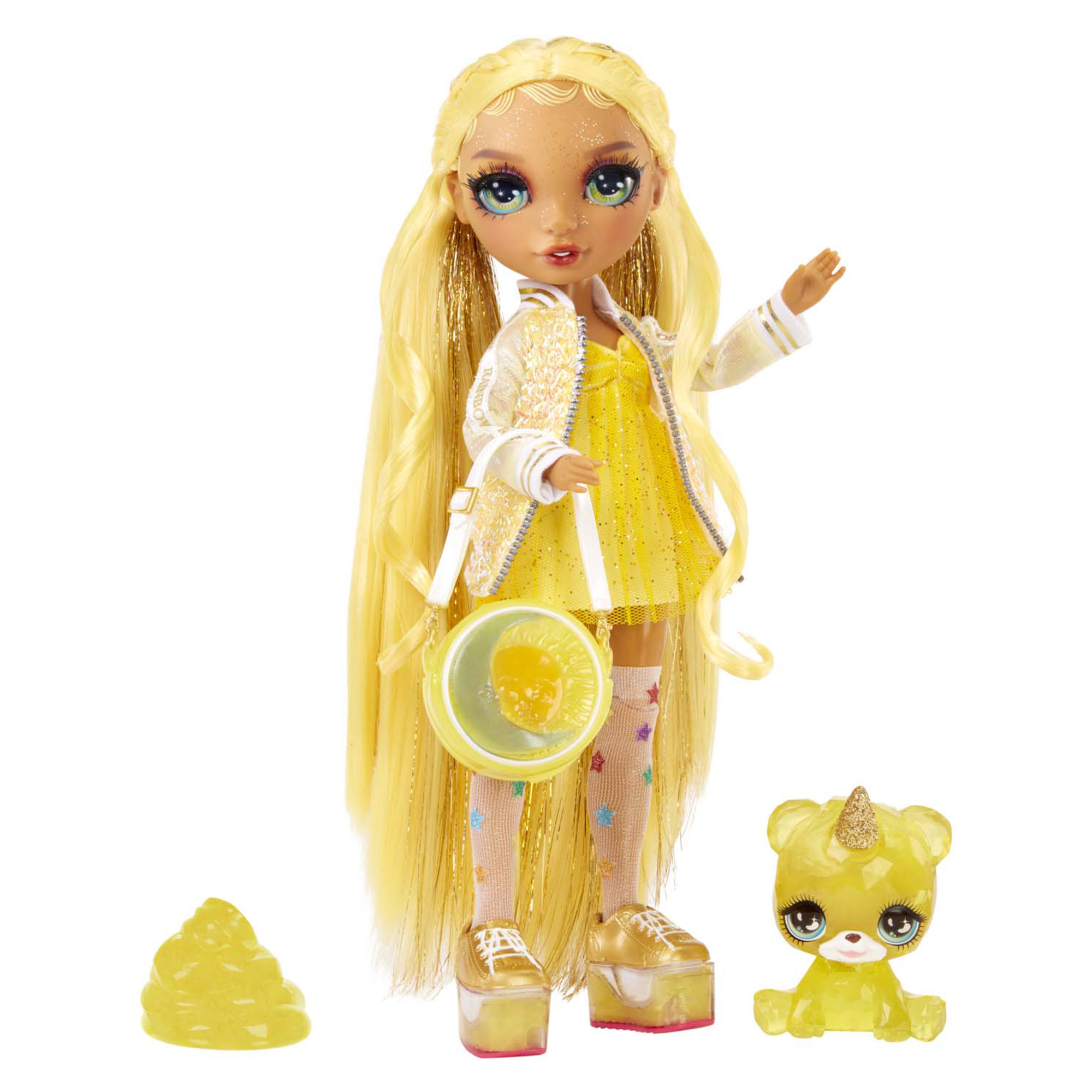 Rainbow high fashion doll con slime & animale - sunny (giallo) - bambola da 28 cm con slime scintillante, animale magico e accessori alla moda - Rainbow High