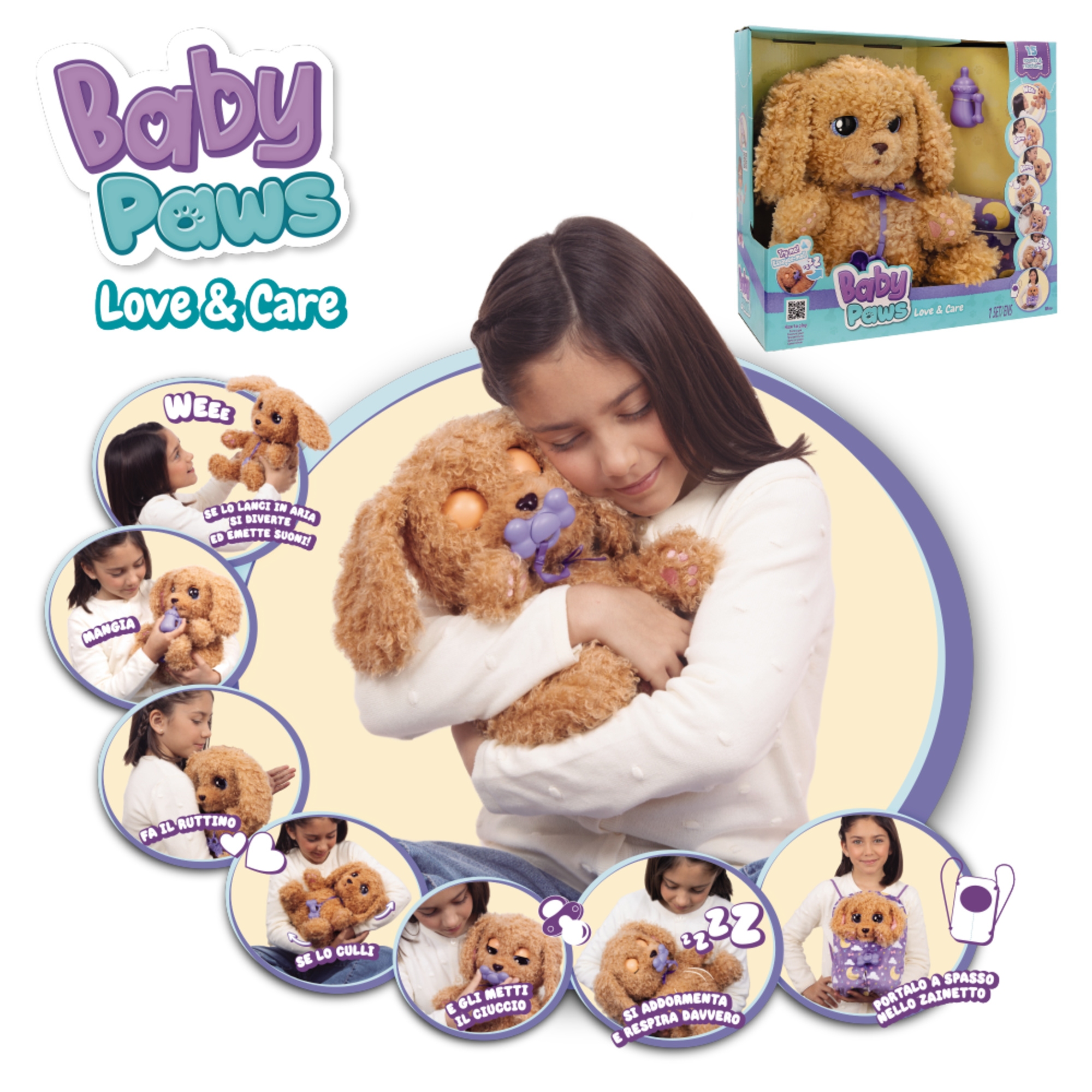 Baby paws love & care labradoodle, peluche interattivo con suoni, funzioni e 3 accessori - BABY PAWS