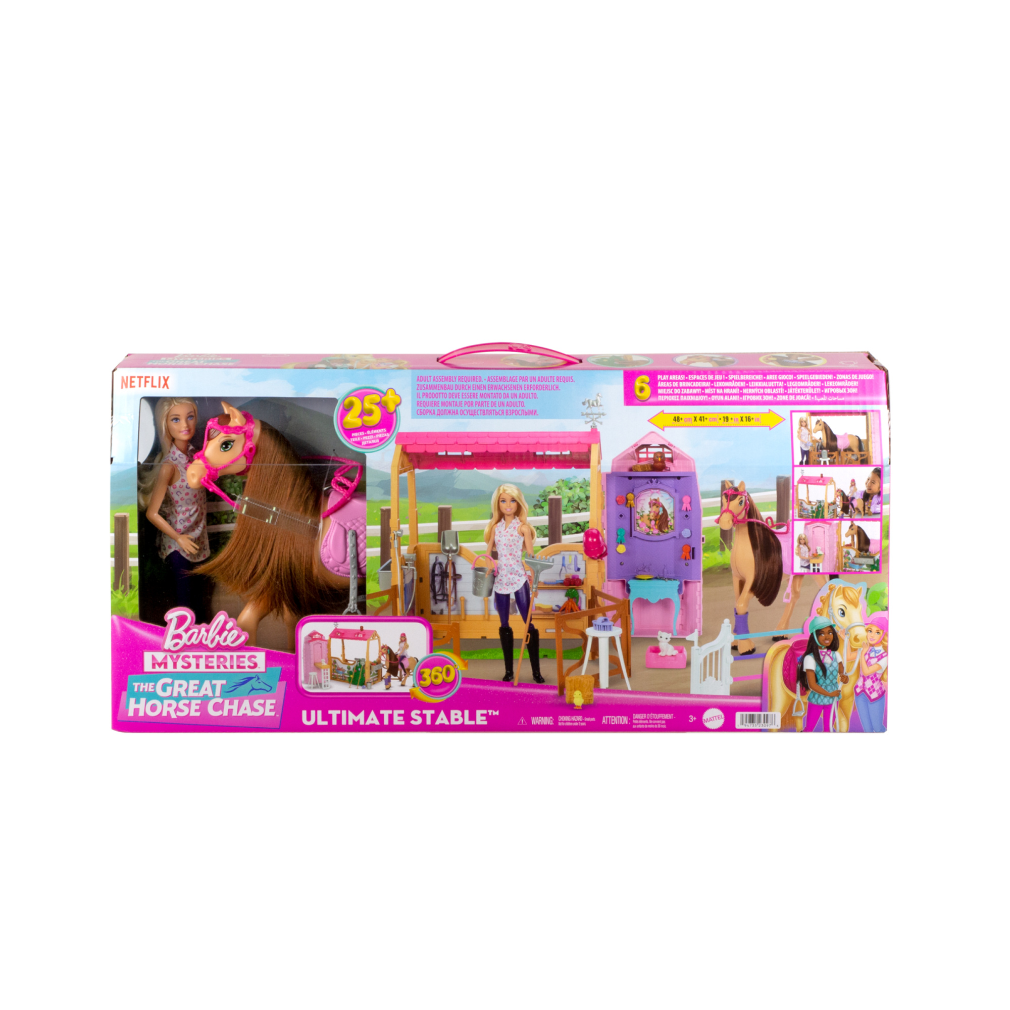 Barbie - playset stalla, con bambola e cavallo, 6 aree di gioco e 25 accessori inclusi - Barbie