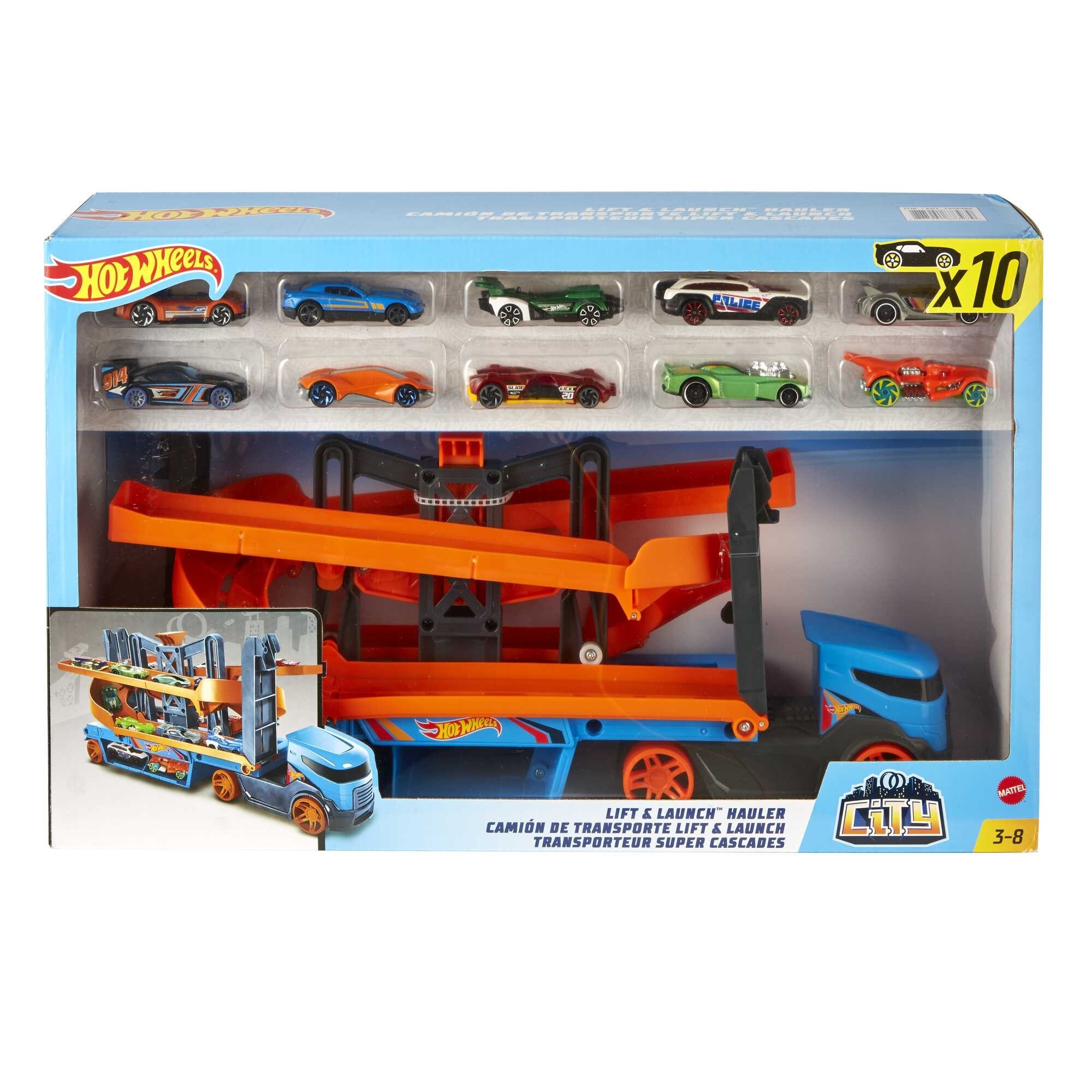 Hot wheels - trasportatore solleva e lancia, veicolo con ruote funzionanti e 10 macchinine die-cast incluse , contiene fino a 20 veicoli - Hot Wheels