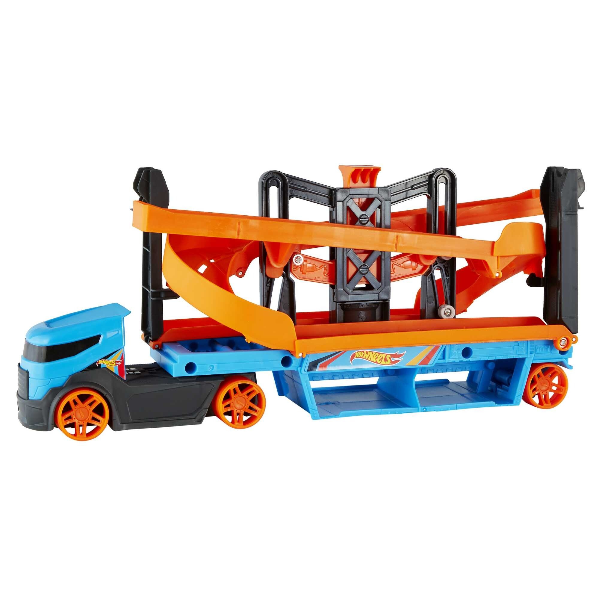 Hot wheels - trasportatore solleva e lancia, veicolo con ruote funzionanti e 10 macchinine die-cast incluse , contiene fino a 20 veicoli - Hot Wheels