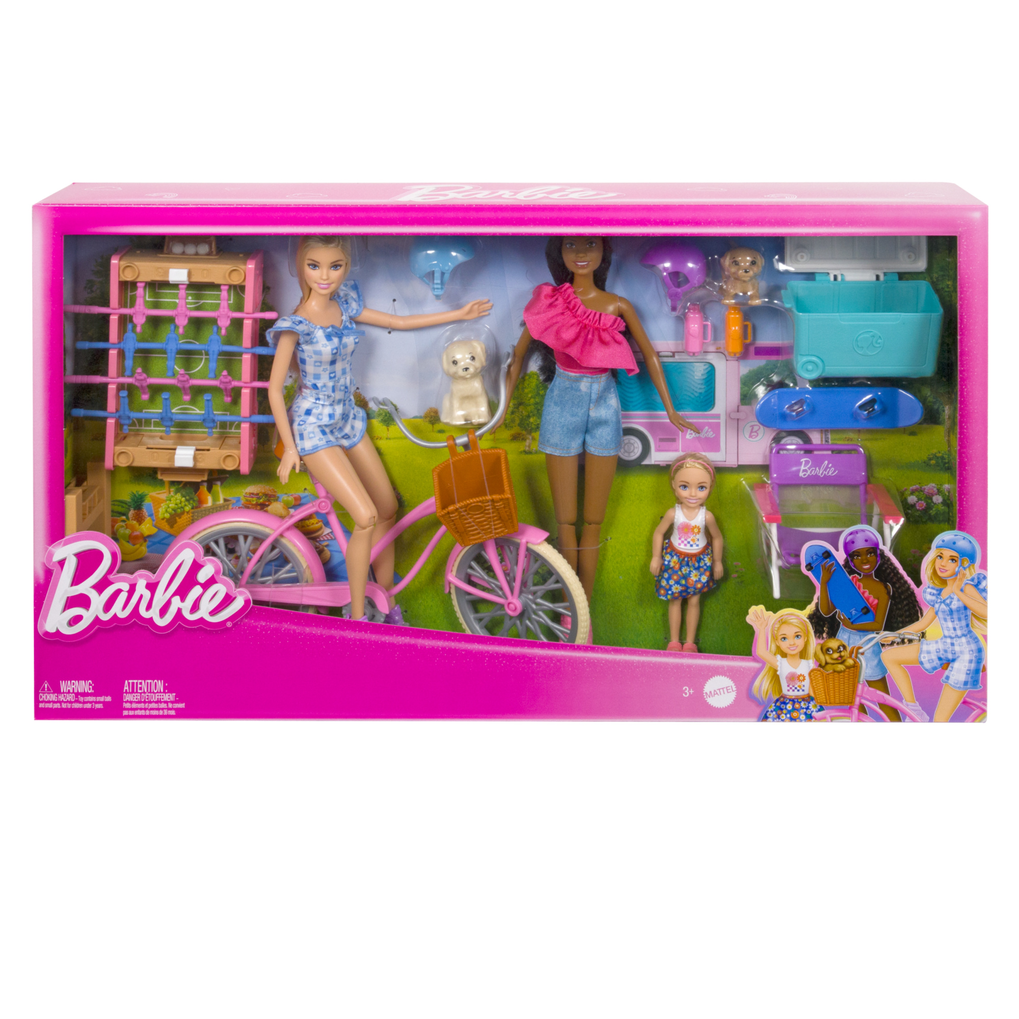 Barbie - divertimento in giardino, set con 3 bambole, 2 cuccioli, bicicletta, skateboard e accessori - Barbie