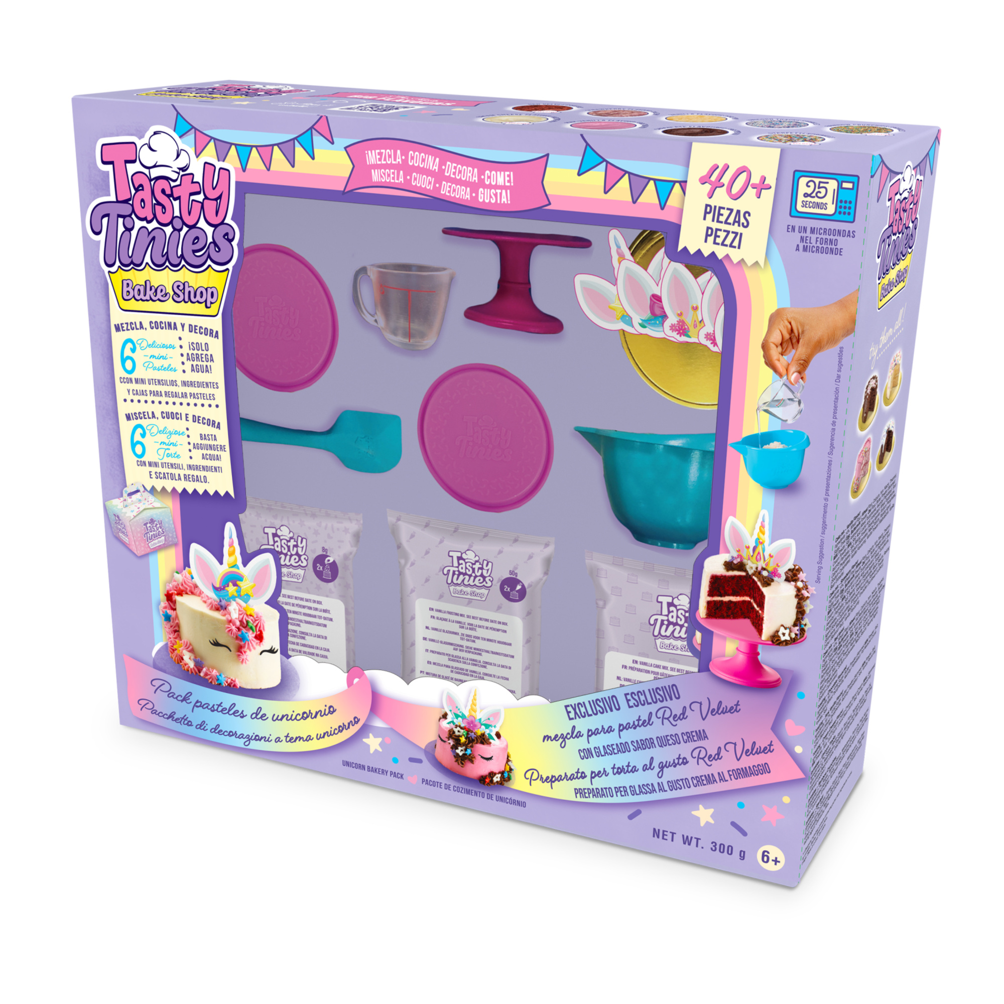 Tasty tinies - kit torta unicorno per bambini 6+ - 6 impasti, glassa, zuccherini e accessori - cottura a microonde in 25 secondi - 