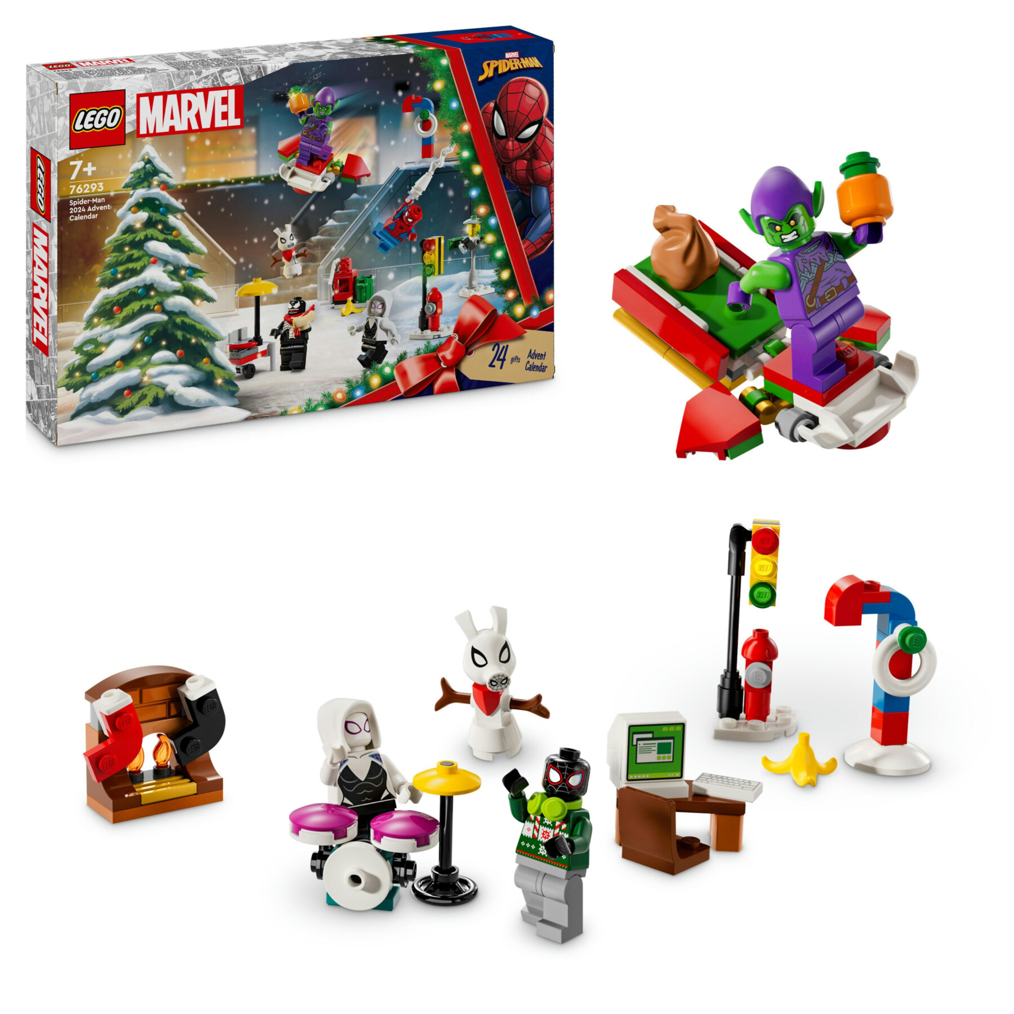 Lego marvel 76293 calendario dell’avvento 2024 spider-man giocattolo con supereroi e modellini, gioco di natale per bambini 7+