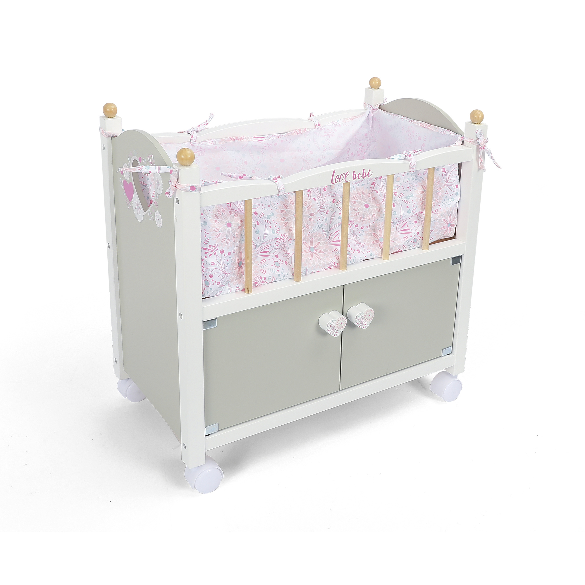 Lettino in legno con guardaroba per bambole elegante e sostenibile con ruote e accessori inclusi love bebe Toys Center