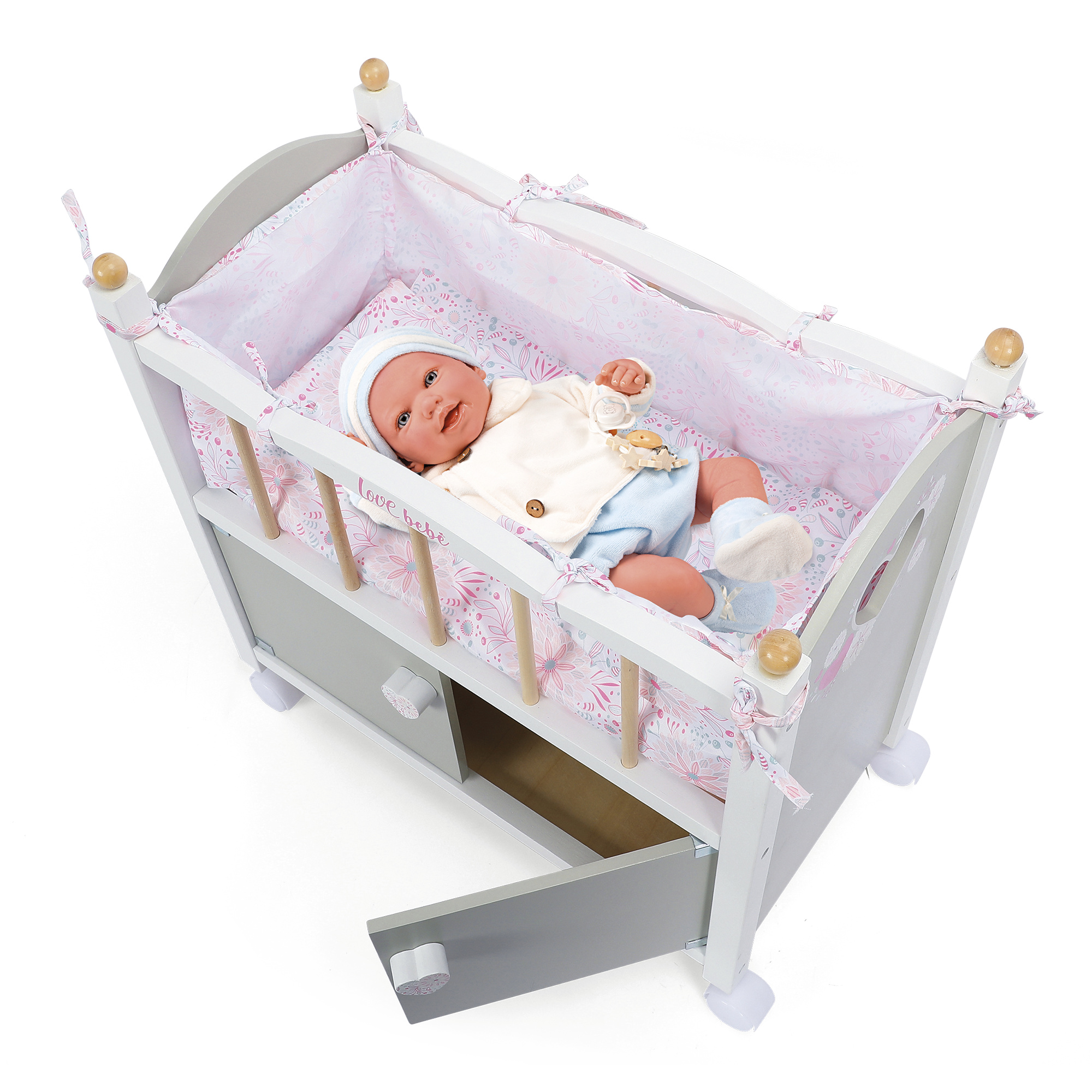 Lettino in legno con guardaroba per bambole elegante e sostenibile con ruote e accessori inclusi love bebe Toys Center