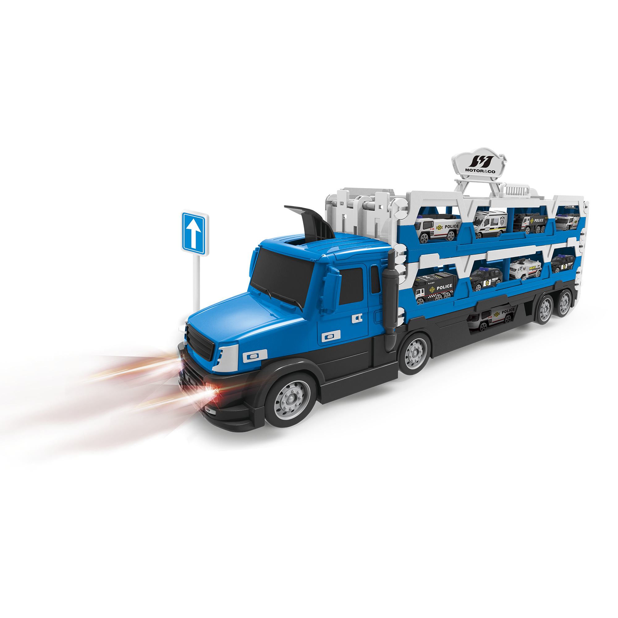 Camion della polizia motor&co. 2 in 1 -trasportatore e pista con lanciatore, trasporta e gareggia! - MOTOR & CO.