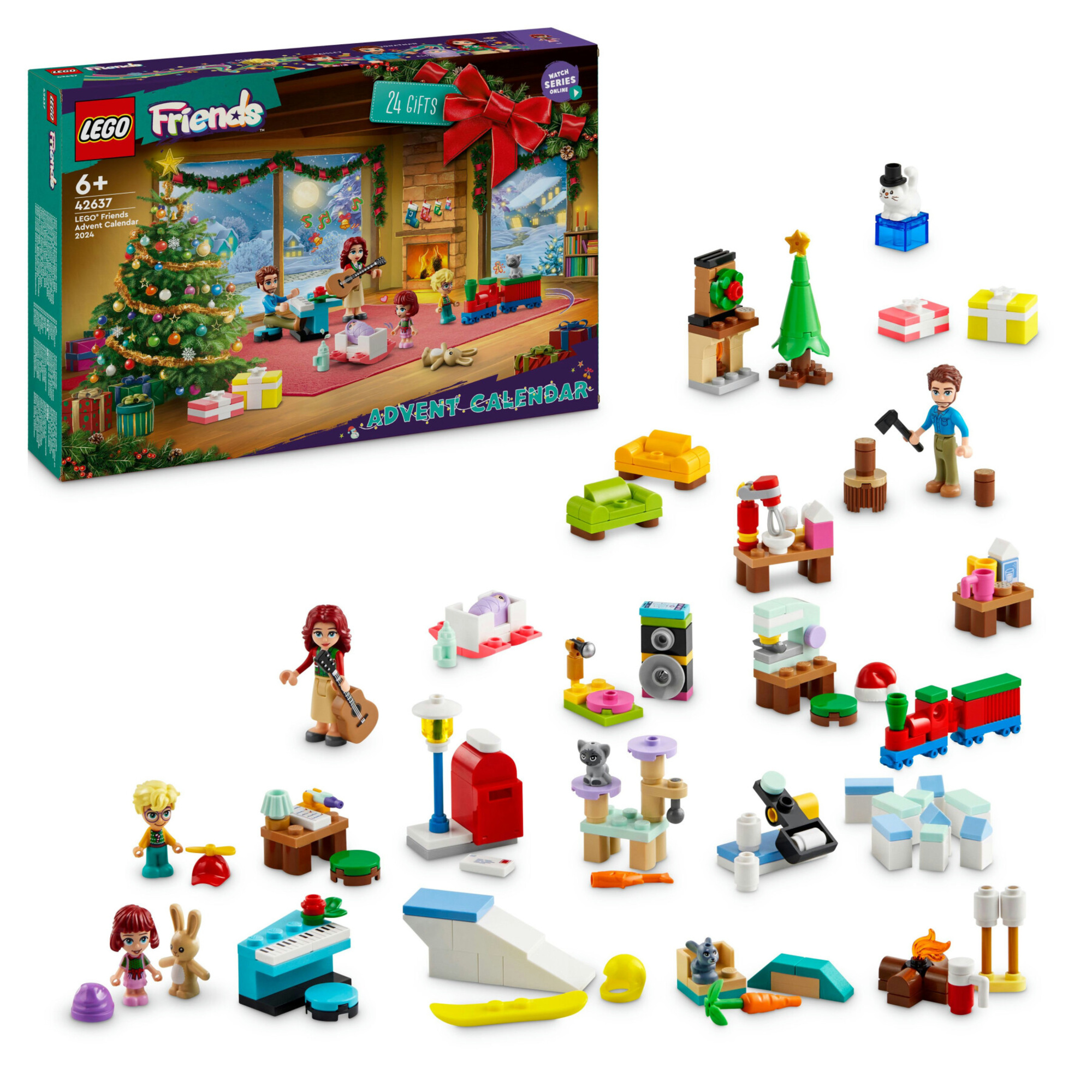 Lego friends 42637 calendario dell'avvento 2024, giocattolo di natale con 5 mini bamboline e 3 animali, giochi per bambini 6+