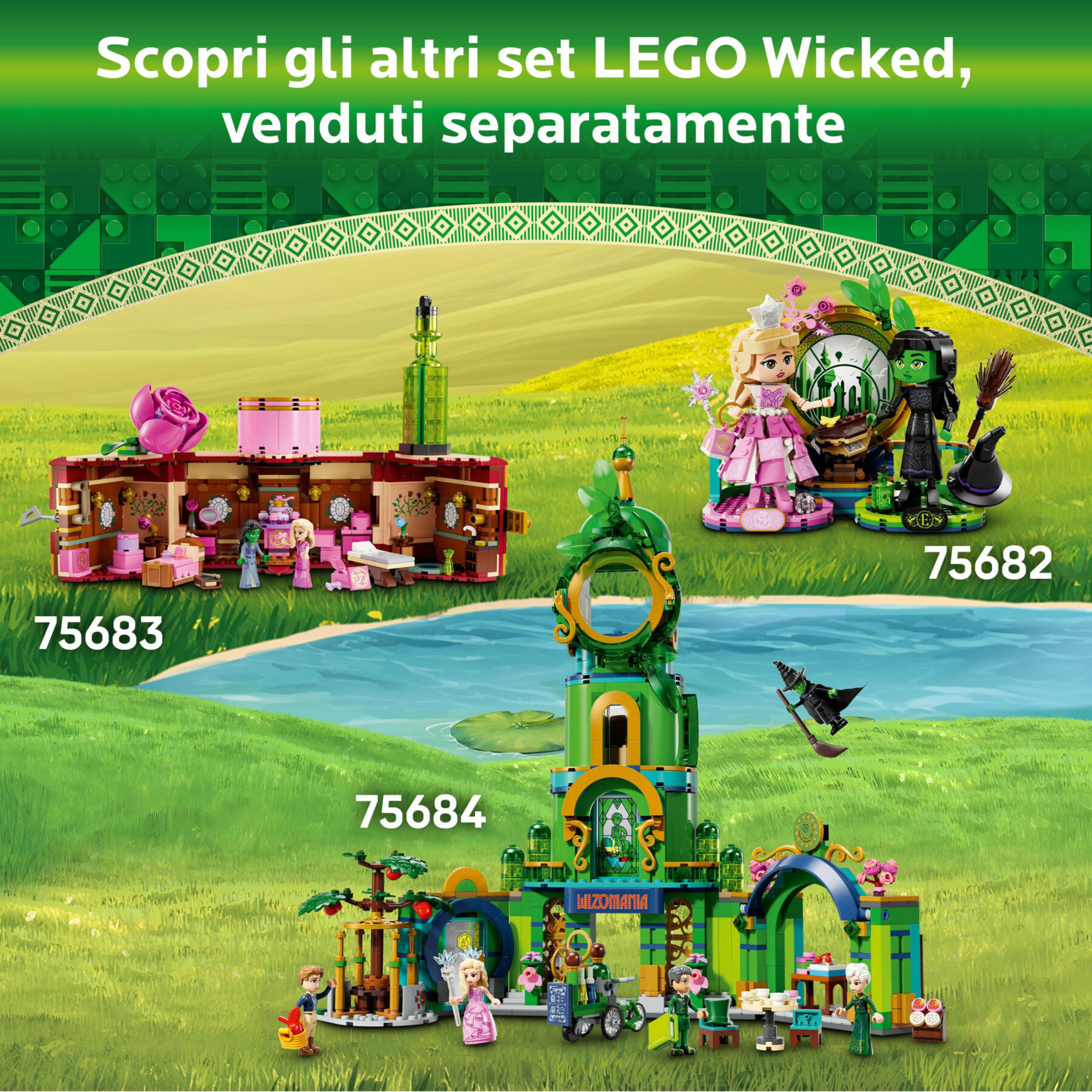 Lego wicked 75681 glinda, elphaba e nessarose all’università di shiz, giochi per bambini 7+ con barca e casa delle bambole - Lego