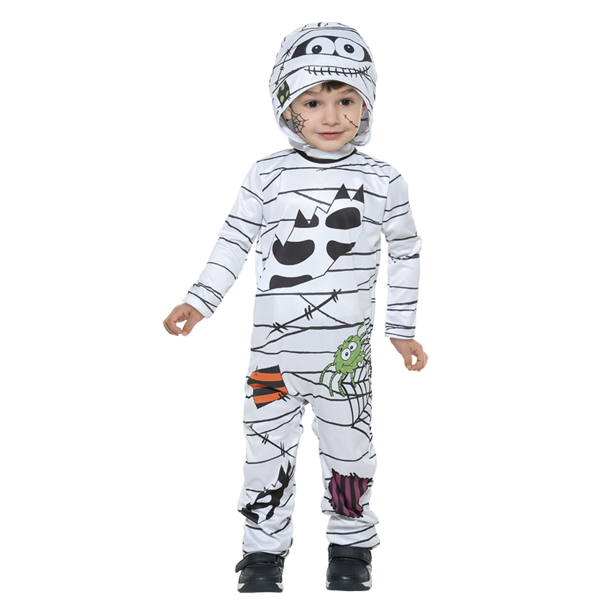 Costume mummietta bambini divertente disponibile in diverse taglie – tuta e cuffia staccabili, tessuto jersey elasticizzato, chiusura zip, ideale per halloween - 