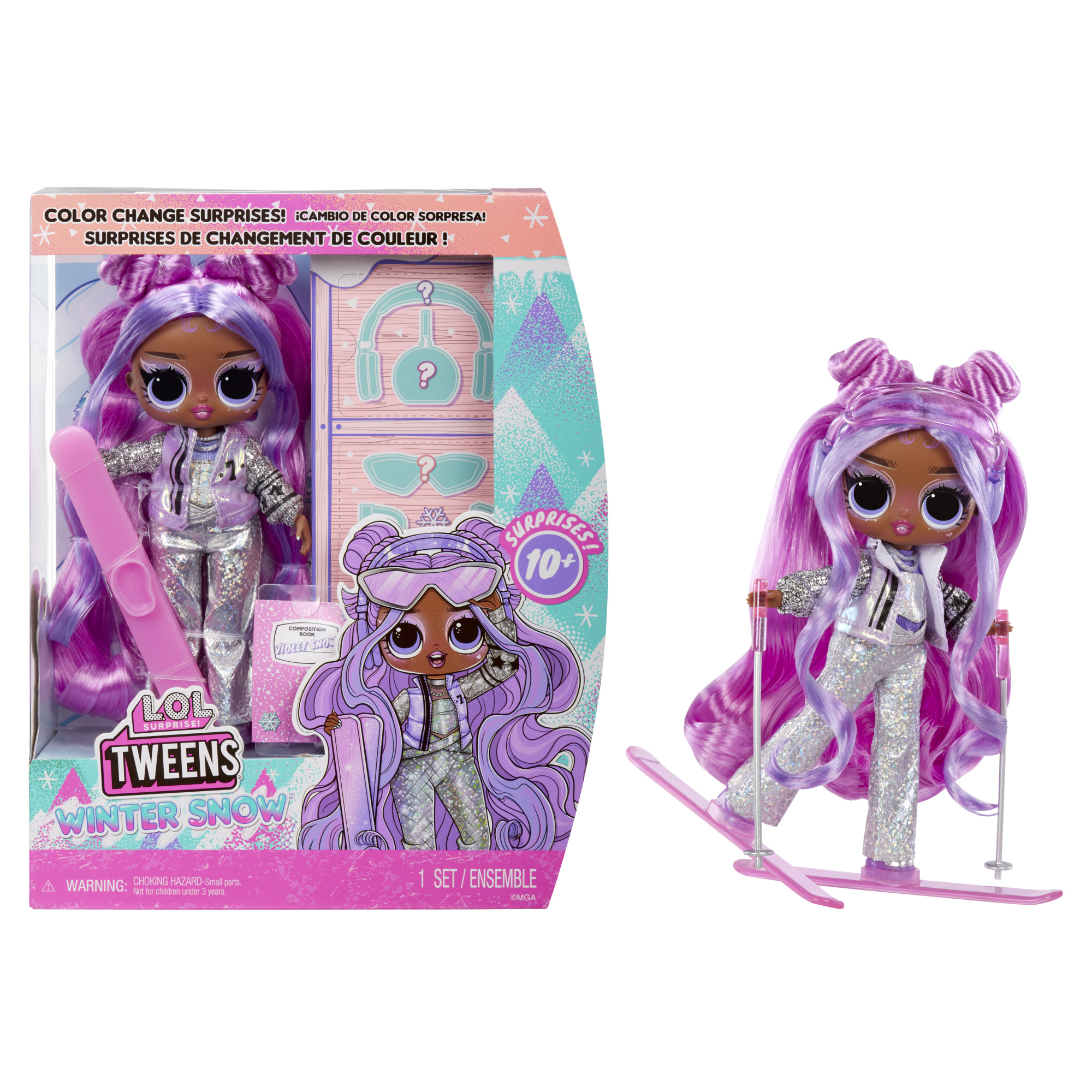 L.o.l. surprise tweens winter snow - violet snow – fashion doll con unboxing a tema inverno, tanti accessori glamour – sci e bastoni cambiano colore - LOL