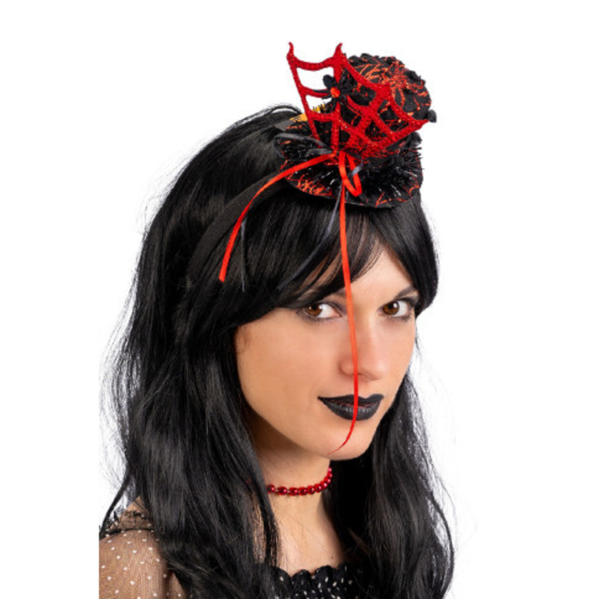 Cappello strega nero con fiore e veletta h. 40 cm - costume halloween classico - 