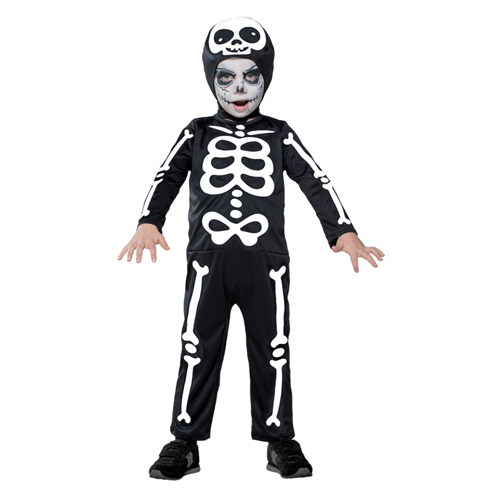 Costume halloween scheletrino baby con stampa, tuta in jersey elasticizzato e cuffia staccabile - disponibile in diverse taglie - 