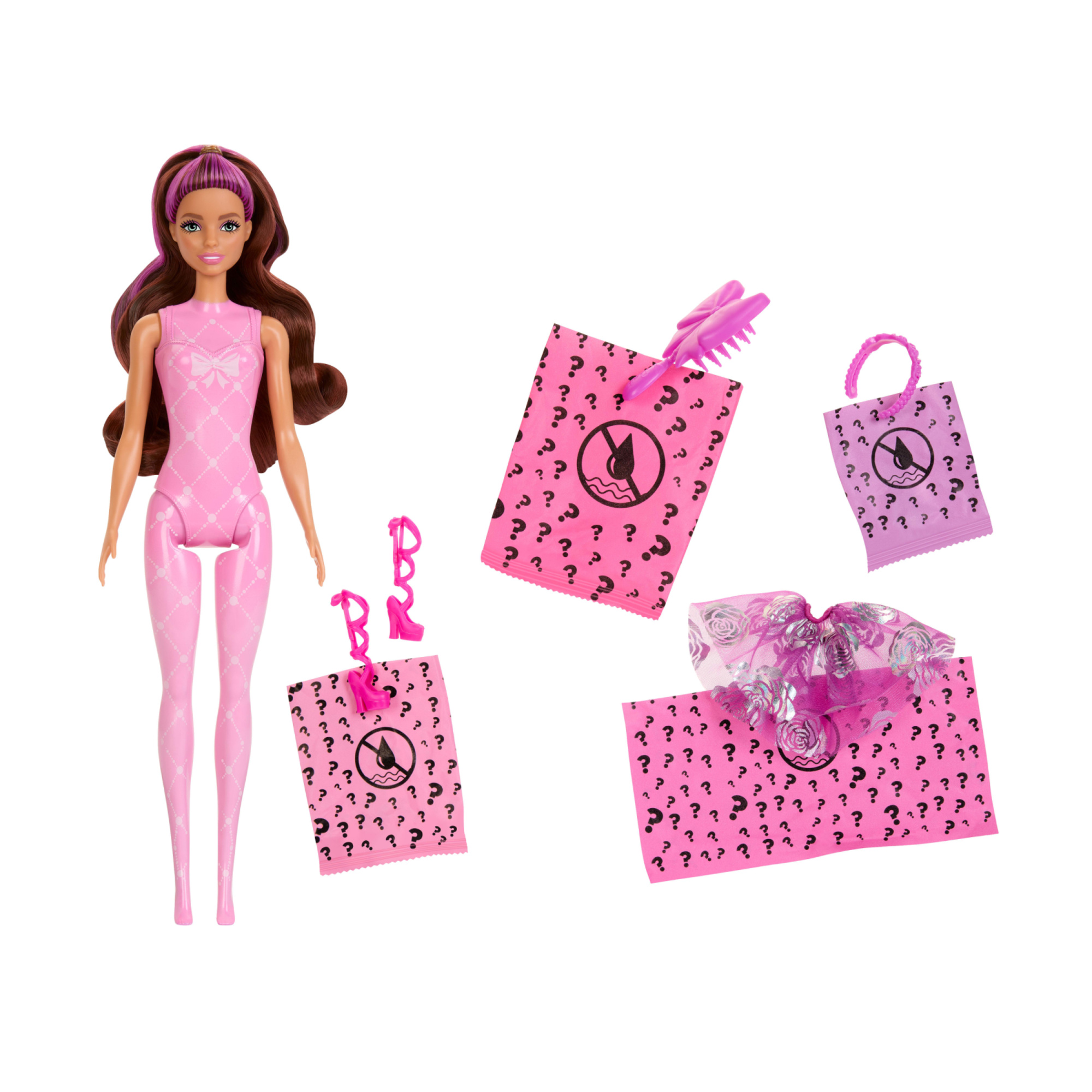 Barbie - color reveal serie ballerina, bambola con 6 accessori a sorpresa con effetto cambia colore - assortita - Barbie