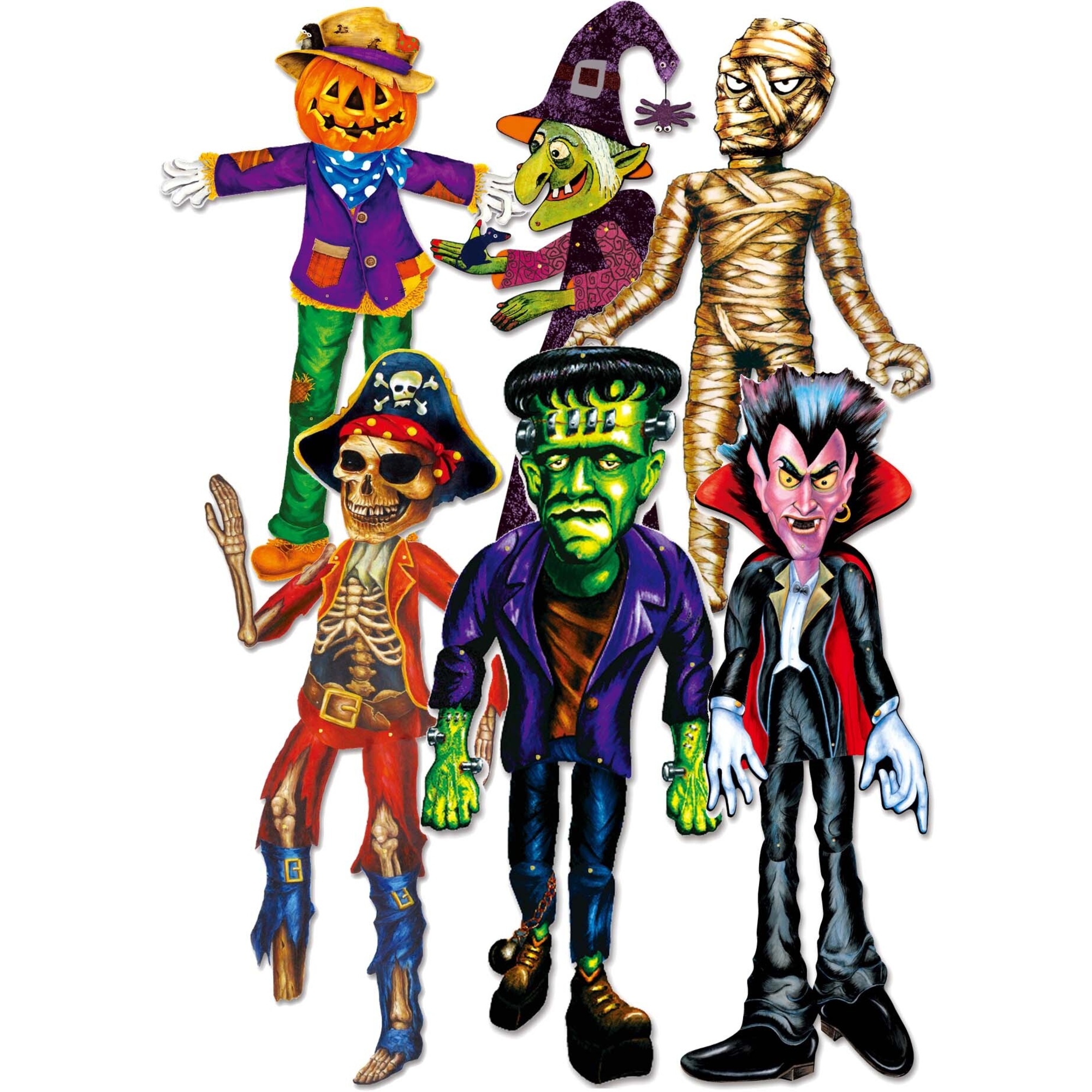 Sagome in cartone halloween - personaggi assortiti mummia, scheletro pirata, strega, spaventapasseri, vampiro e frankenstein - 