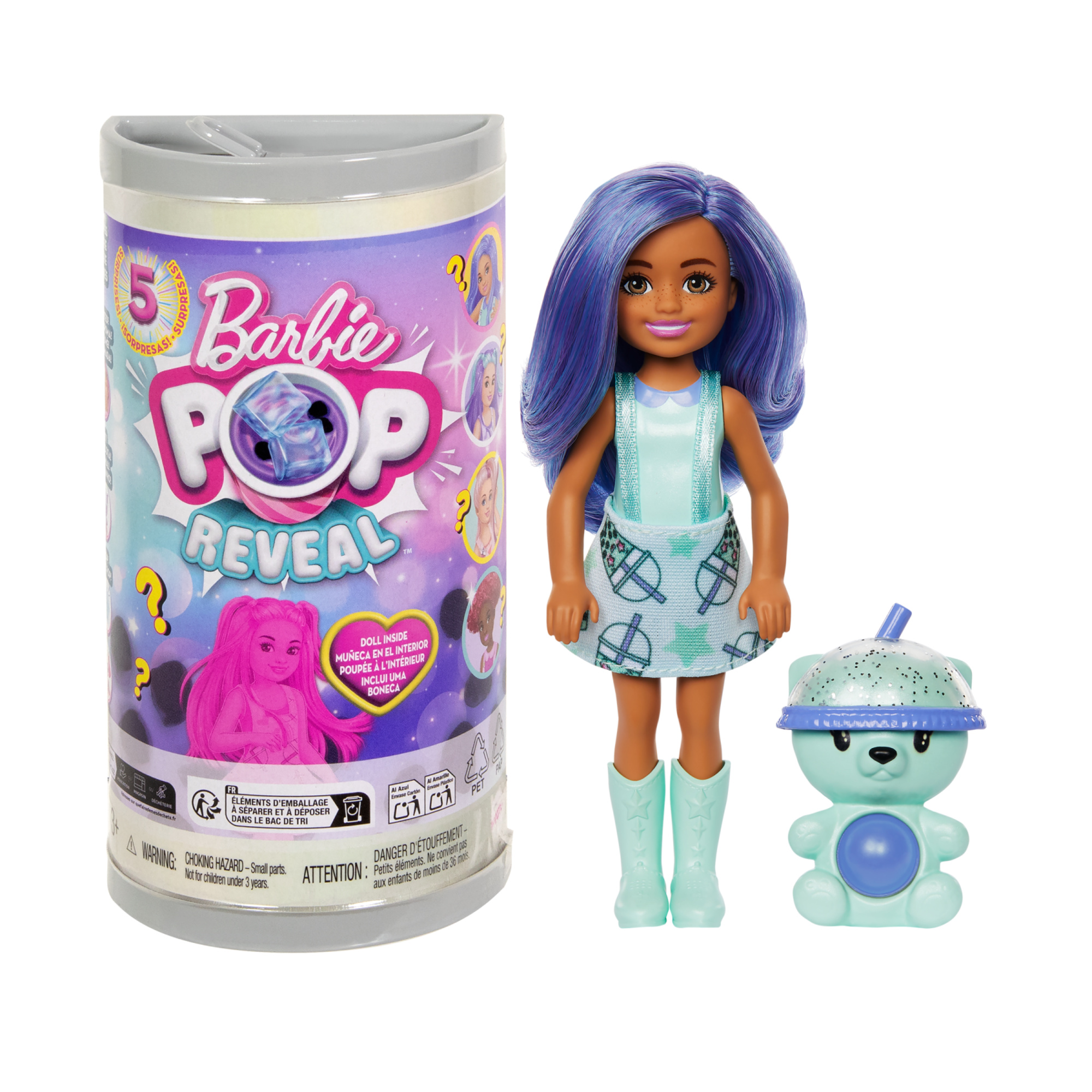 Barbie - chelsea pop reveal serie bubble tea, bambola con 5 sorprese profumate tra cui una mini bambola, cucciolo interattivo ed effetto cambia colore - assortita - Barbie