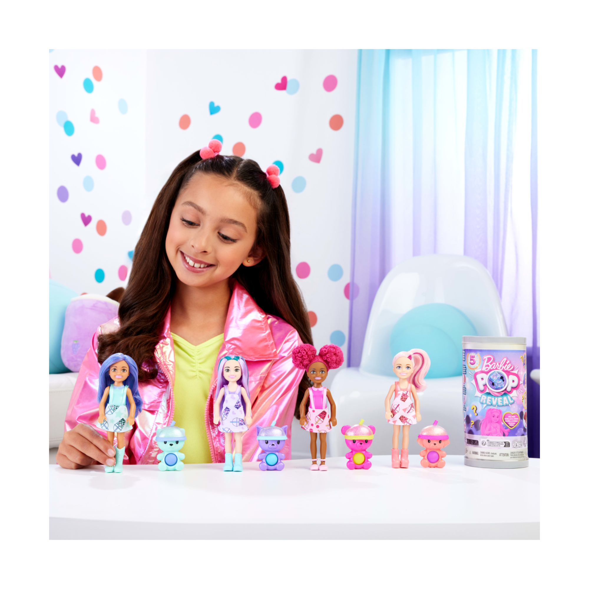 Barbie - chelsea pop reveal serie bubble tea, bambola con 5 sorprese profumate tra cui una mini bambola, cucciolo interattivo ed effetto cambia colore - assortita - Barbie