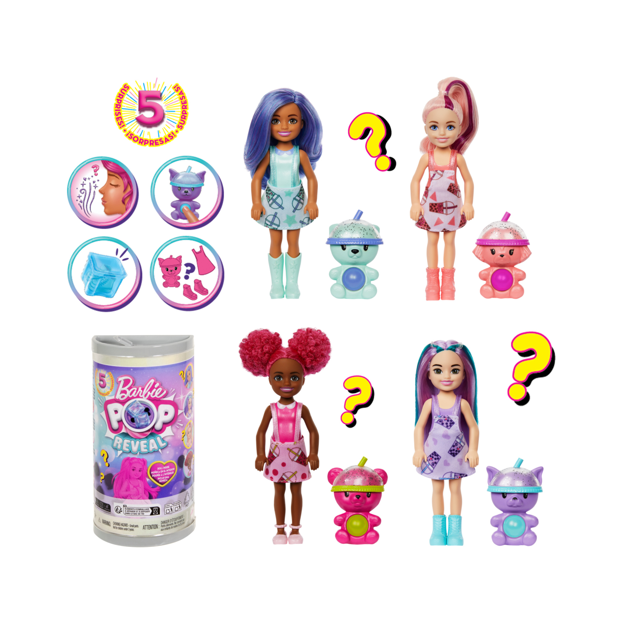 Barbie - chelsea pop reveal serie bubble tea, bambola con 5 sorprese profumate tra cui una mini bambola, cucciolo interattivo ed effetto cambia colore - assortita - Barbie