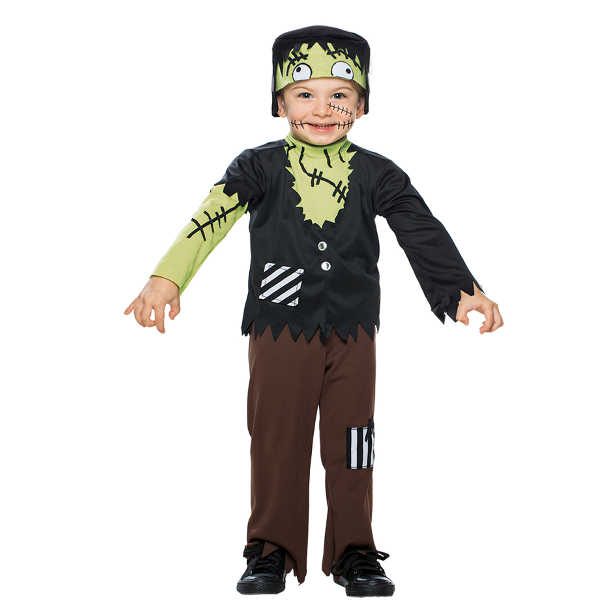 Costume mostriciattolo zombie per bambini disponibile in diverse taglie – con stampa e applicazioni, tessuto jersey elasticizzato, completo con casacca, pantaloni e copricapo - 