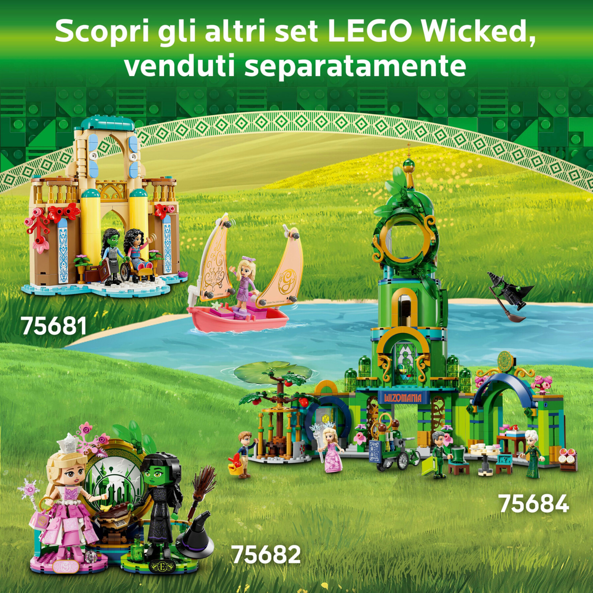 Lego wicked 75683 il dormitorio di glinda ed elphaba, giochi di fantasia bambini 8+, baule apribile con 2 personaggi del film - Lego