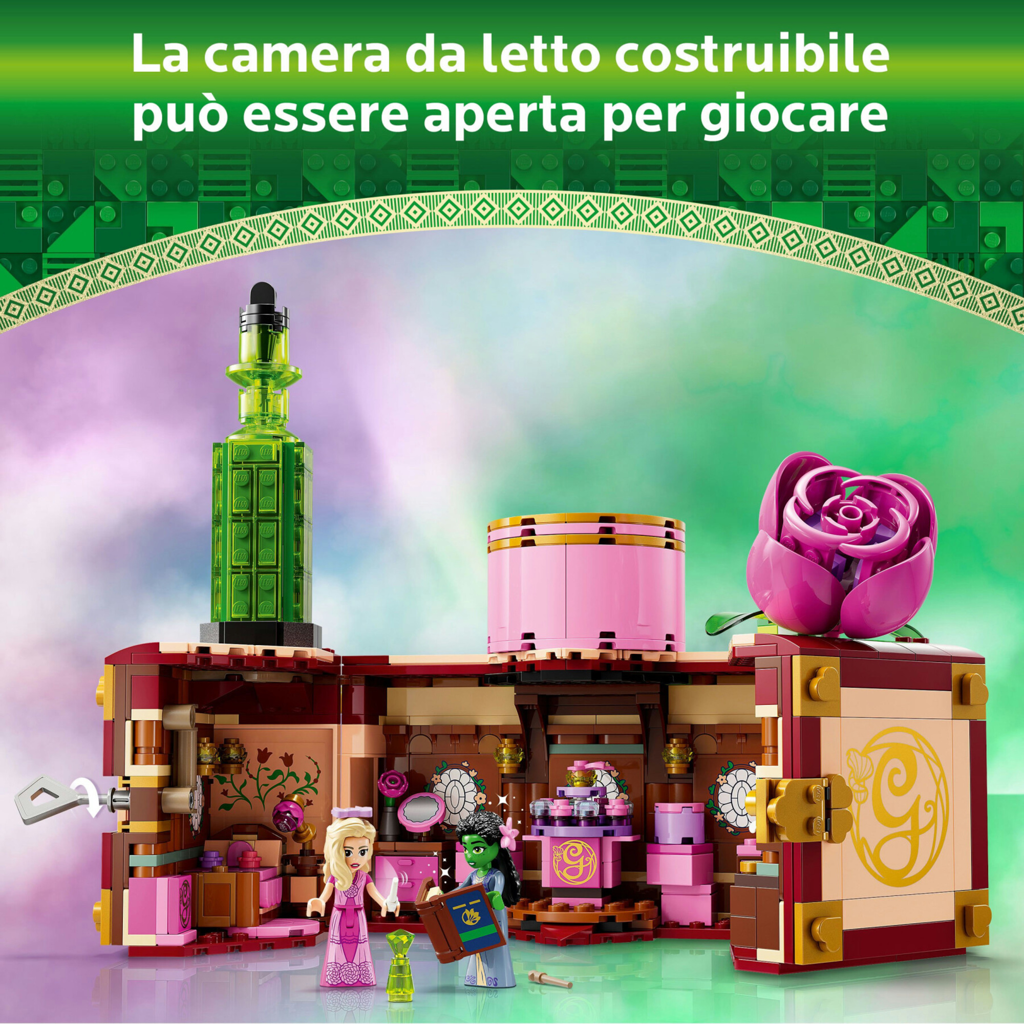 Lego wicked 75683 il dormitorio di glinda ed elphaba, giochi di fantasia bambini 8+, baule apribile con 2 personaggi del film - Lego