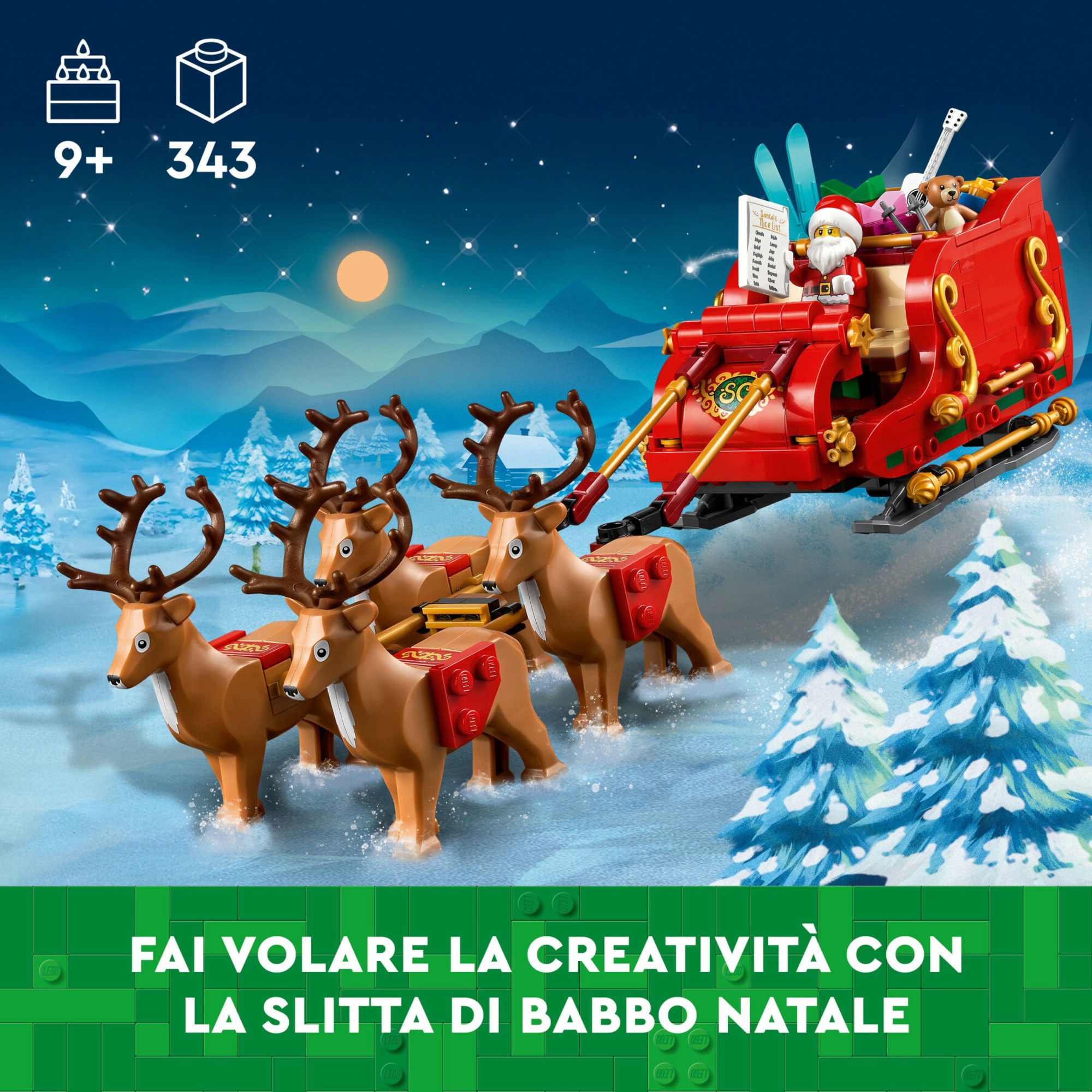 Lego 40499 slitta di babbo natale giocattolo, giochi creativi per bambini 9+ con minifigure e renne, idea regalo natalizia - Lego