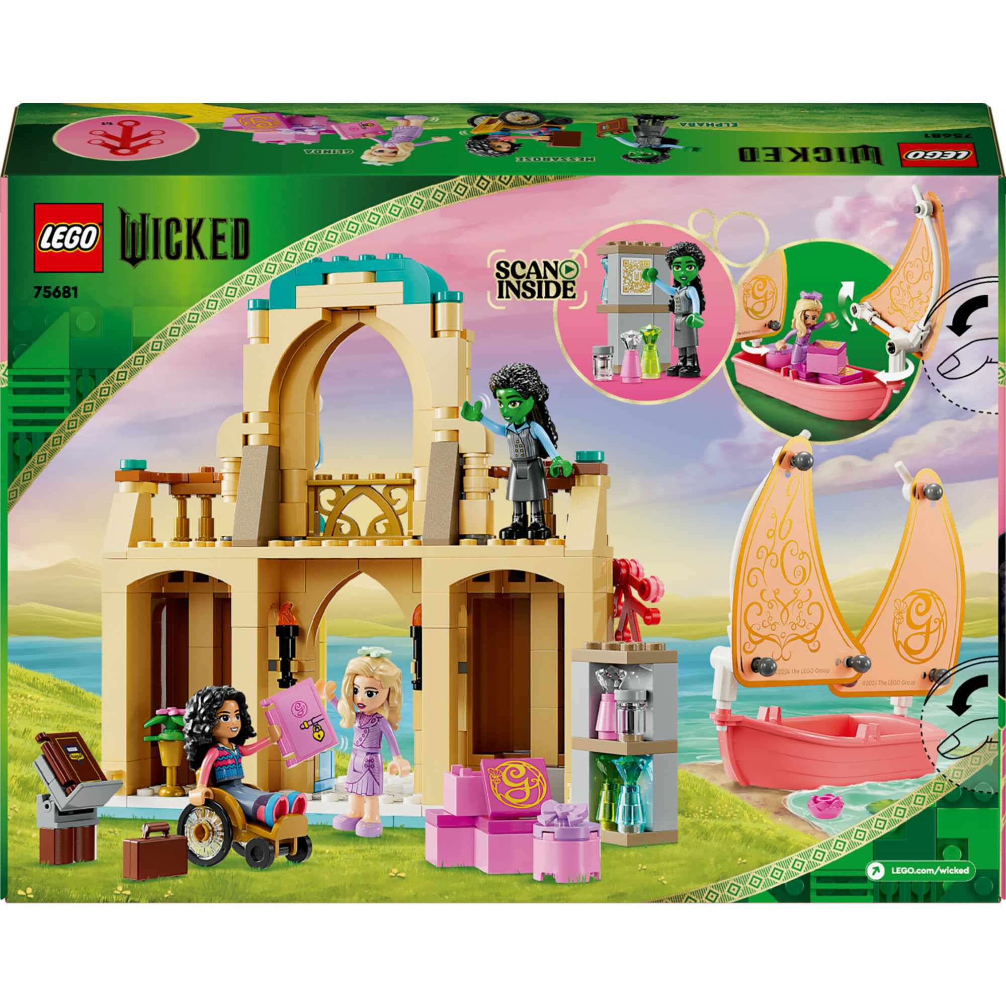 Lego wicked 75681 glinda, elphaba e nessarose all’università di shiz, giochi per bambini 7+ con barca e casa delle bambole - Lego