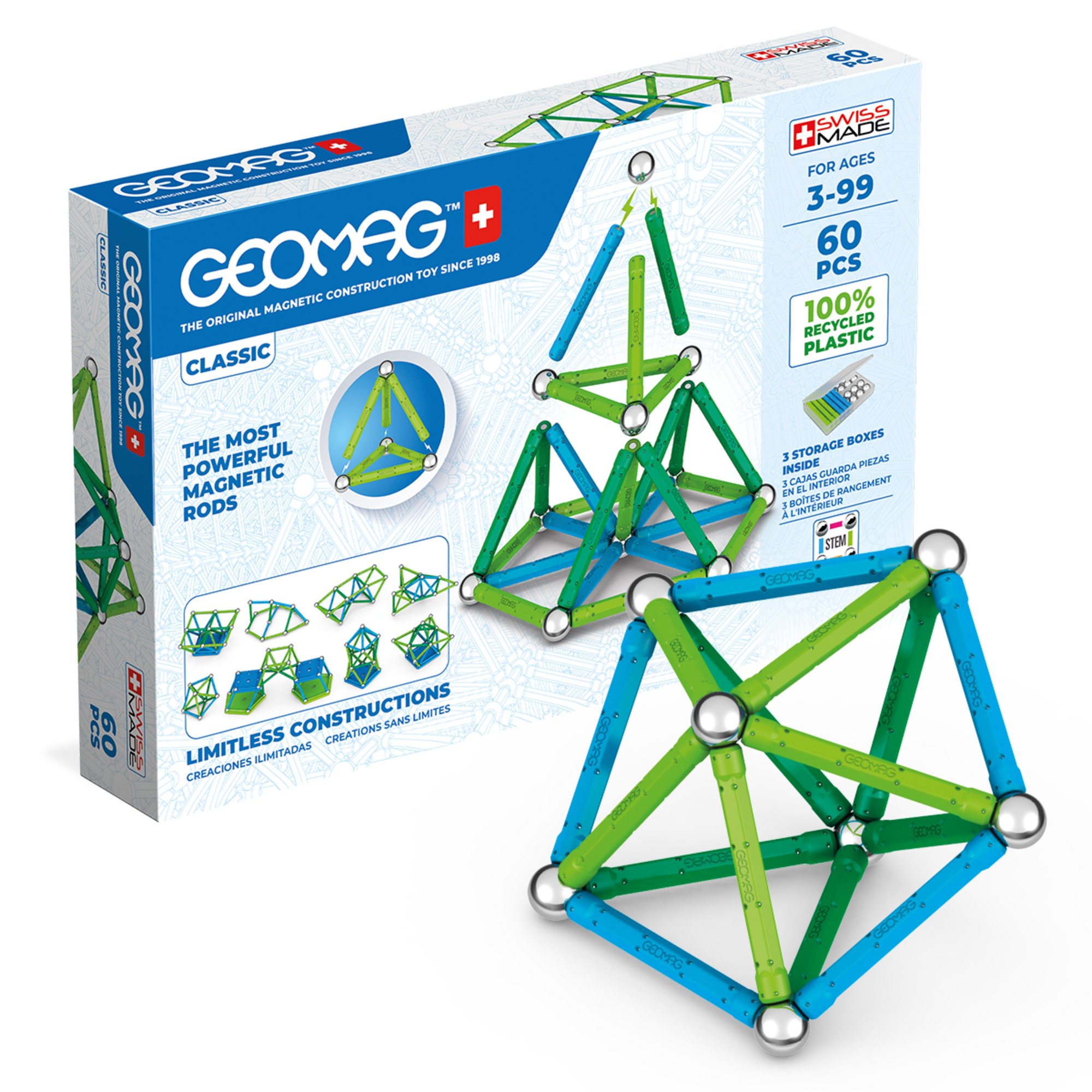 Geomag classic recycled 60 pcs - gioco stem magnetico educativo - Geomag