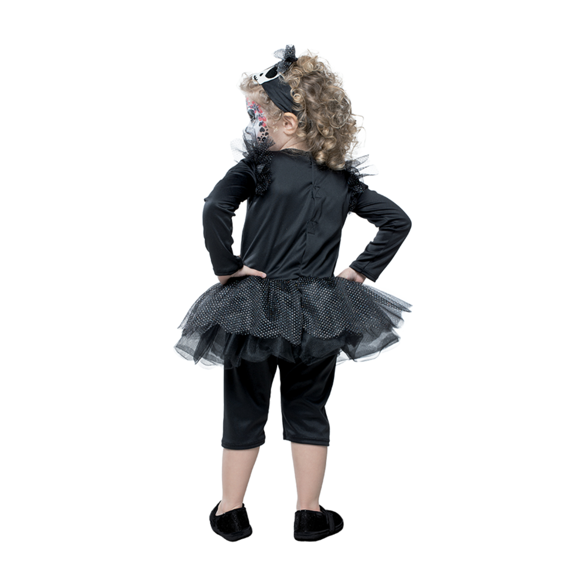 Costume scheletrina per bambini - abitino in jersey elasticizzato con stampa, gonna in tulle, pantaloncini e copricapo - travestimento halloween - disponibile in diverse taglie - 