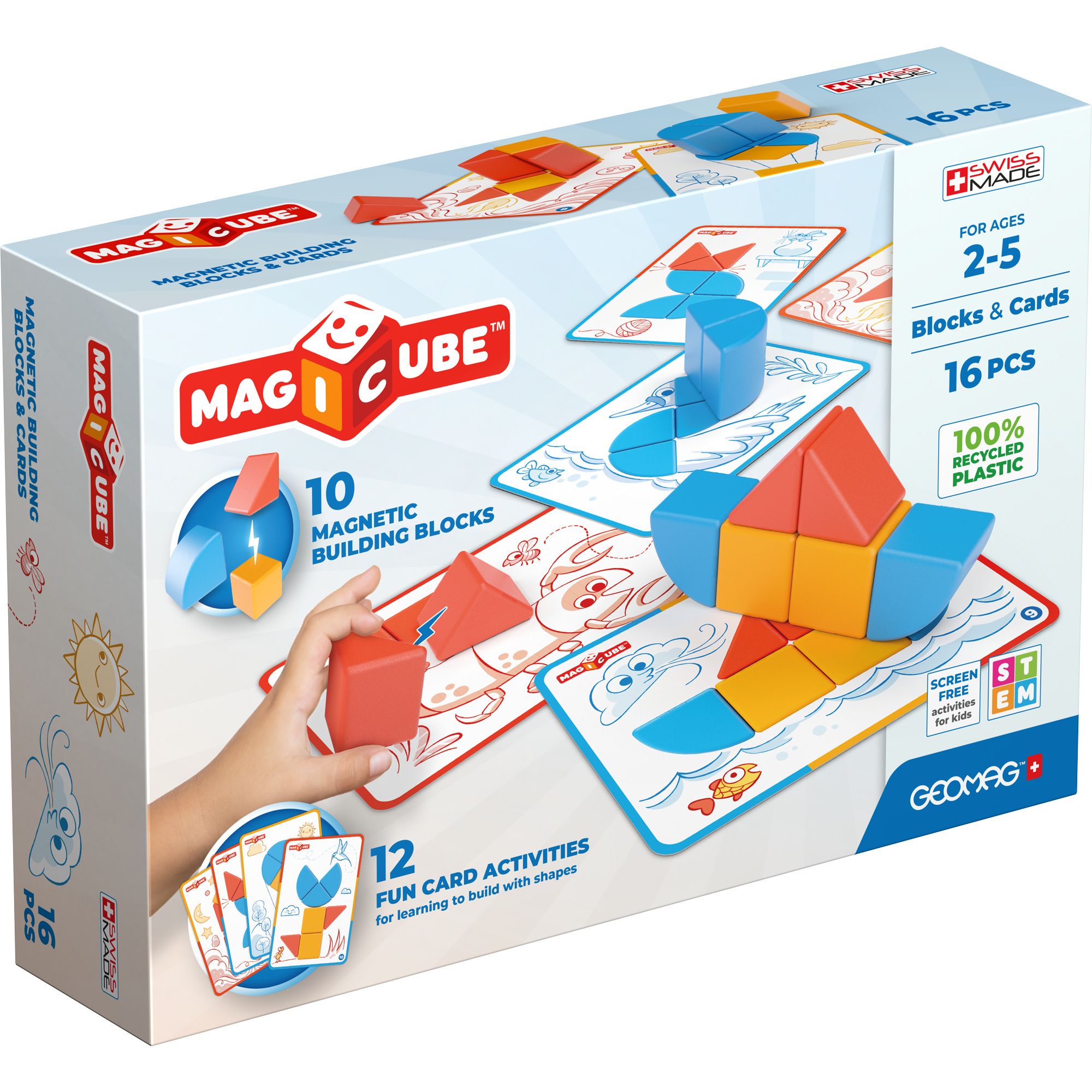 Blocchi magnetici geomag magicube recycled con carte - set educativo da 16 pezzi - Geomag