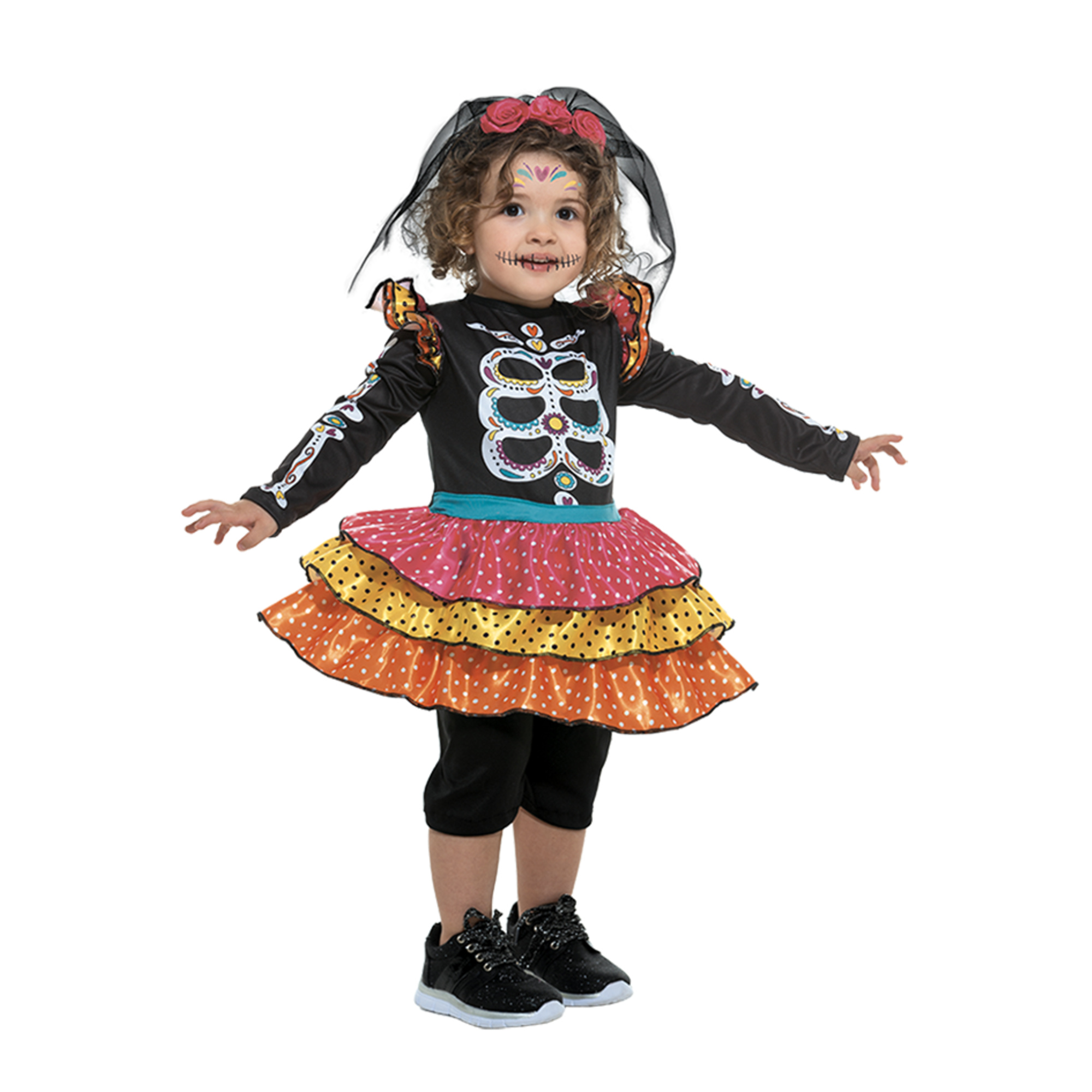 Costume baby catrina messicana halloween disponibile in diverse taglie - scheletrina dias de los muertos in jersey elasticizzato con gonna a balze, copricapo con rose e accessori - 