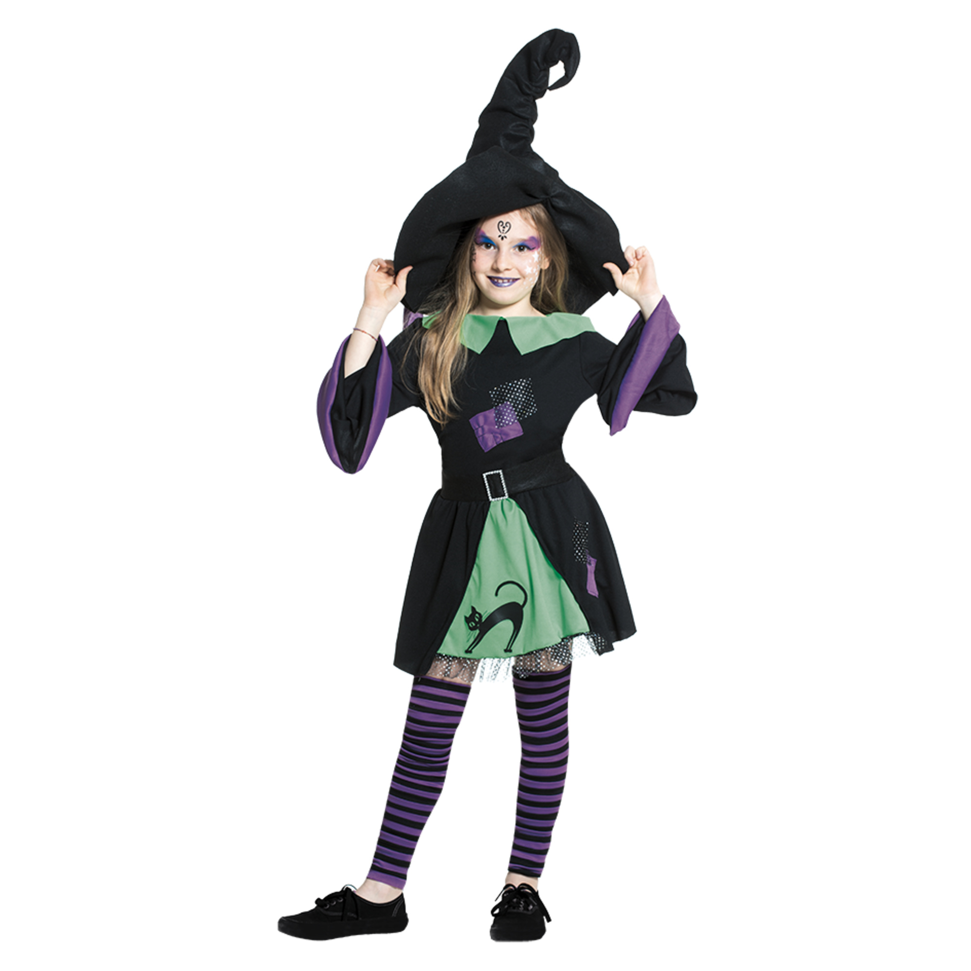 Costume strega bambina con stampa e applicazioni - tessuto jersey elasticizzato, abito, calze senza piede, cappello e cintura con fibia - disponibile in diverse taglie - 