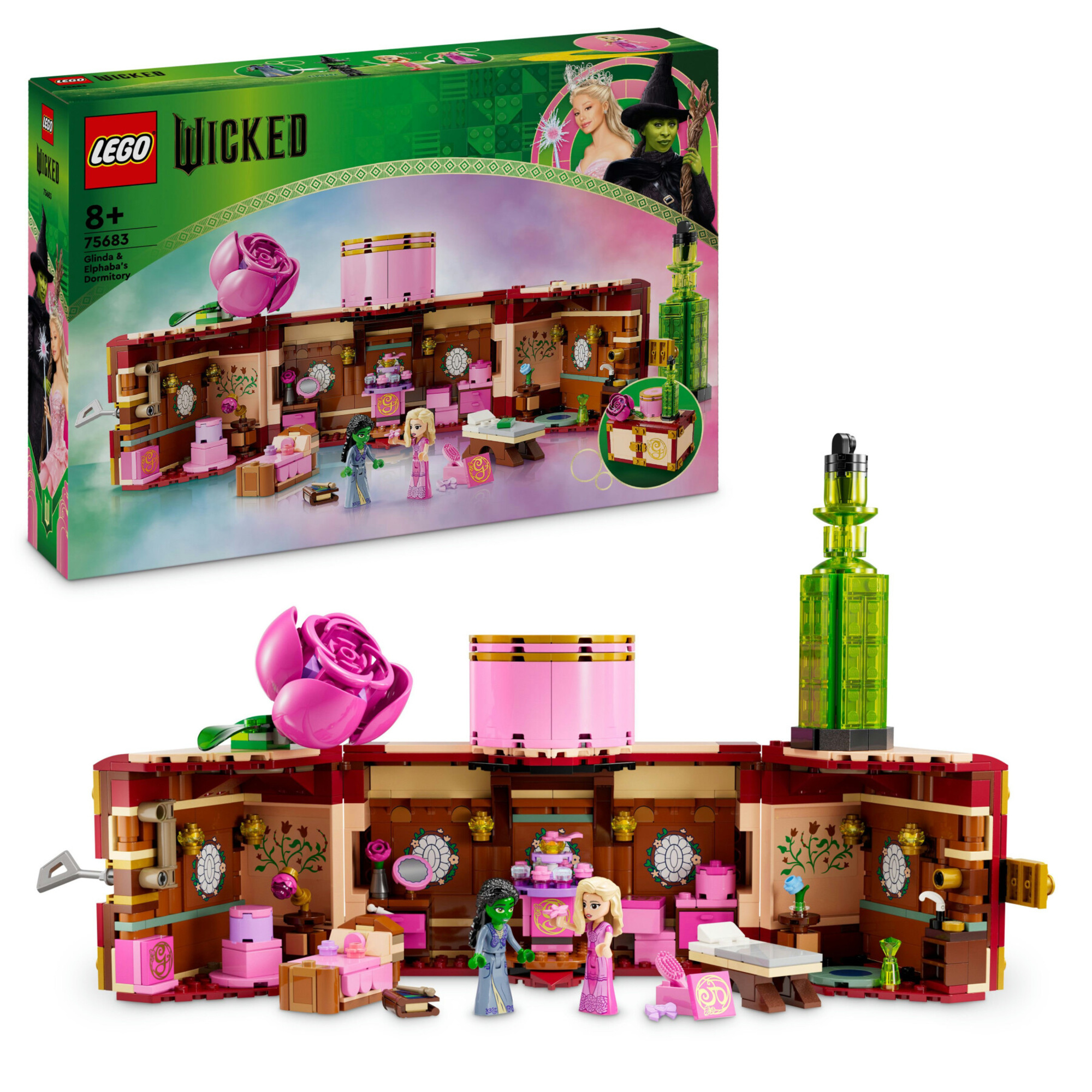 Lego wicked 75683 il dormitorio di glinda ed elphaba, giochi di fantasia bambini 8+, baule apribile con 2 personaggi del film - Lego