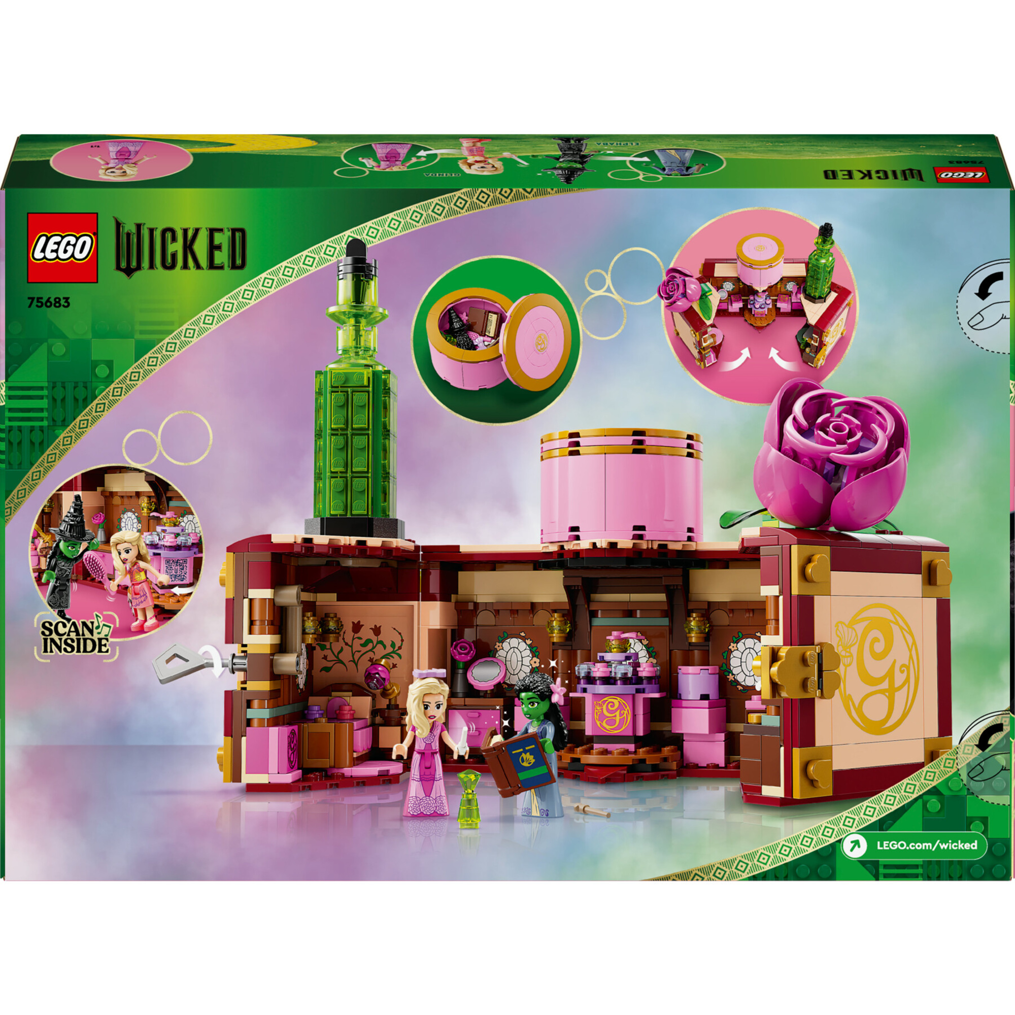 Lego wicked 75683 il dormitorio di glinda ed elphaba, giochi di fantasia bambini 8+, baule apribile con 2 personaggi del film - Lego