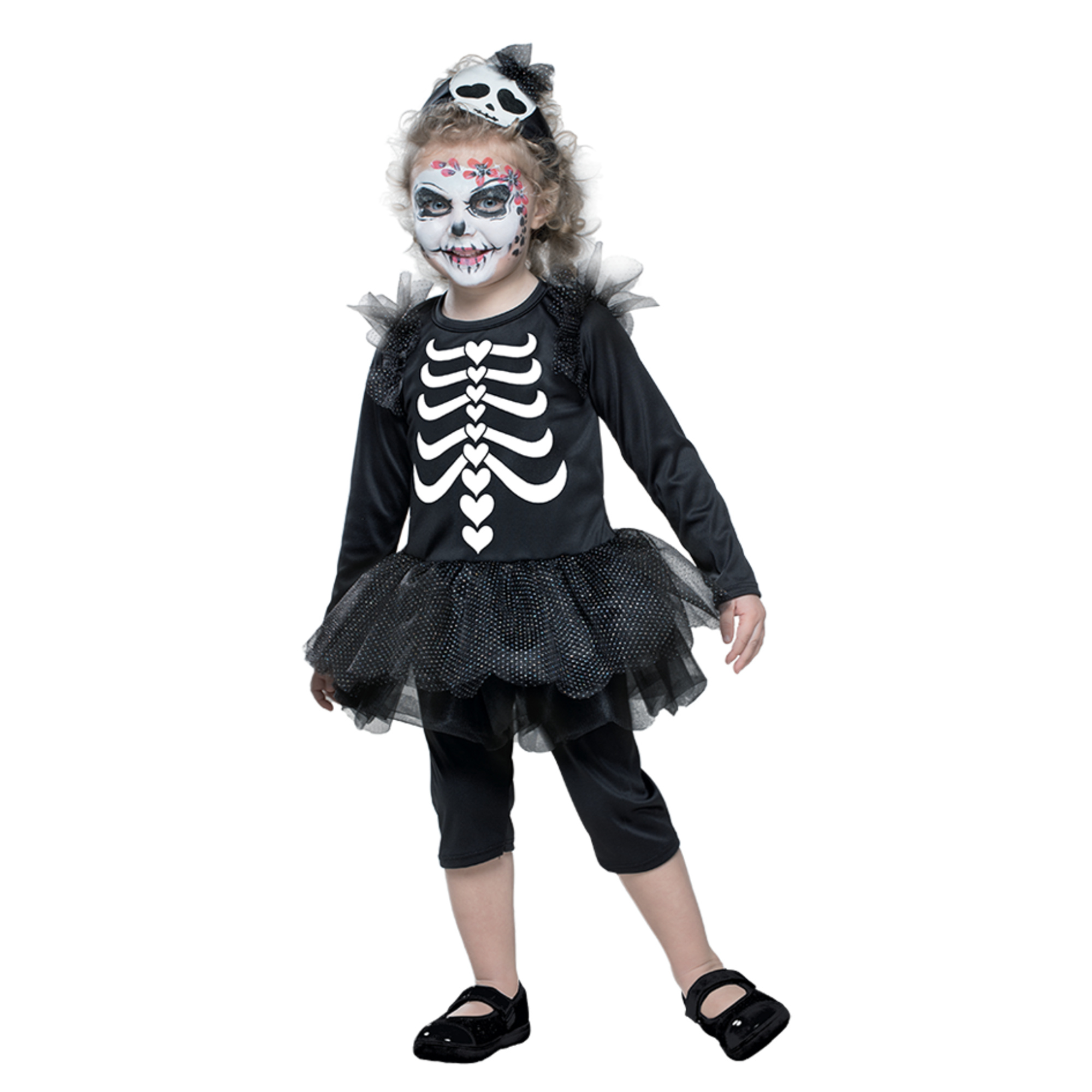 Costume scheletrina per bambini - abitino in jersey elasticizzato con stampa, gonna in tulle, pantaloncini e copricapo - travestimento halloween - disponibile in diverse taglie - 