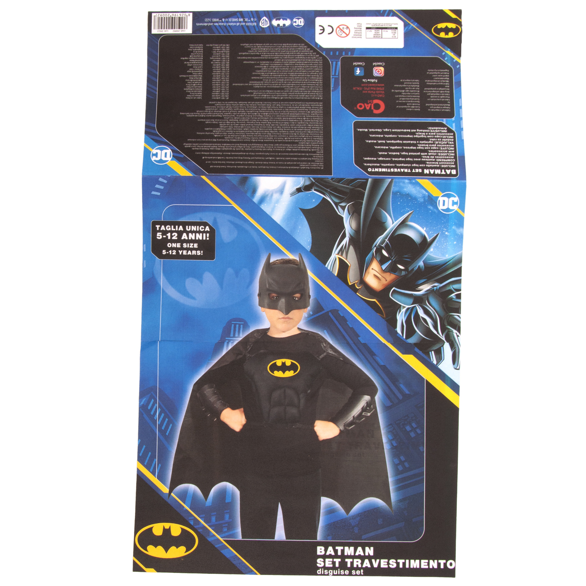 Kit batman completo - mantello, maschera e corpetto con muscoli imbottiti - tutto nero con logo batman - BATMAN