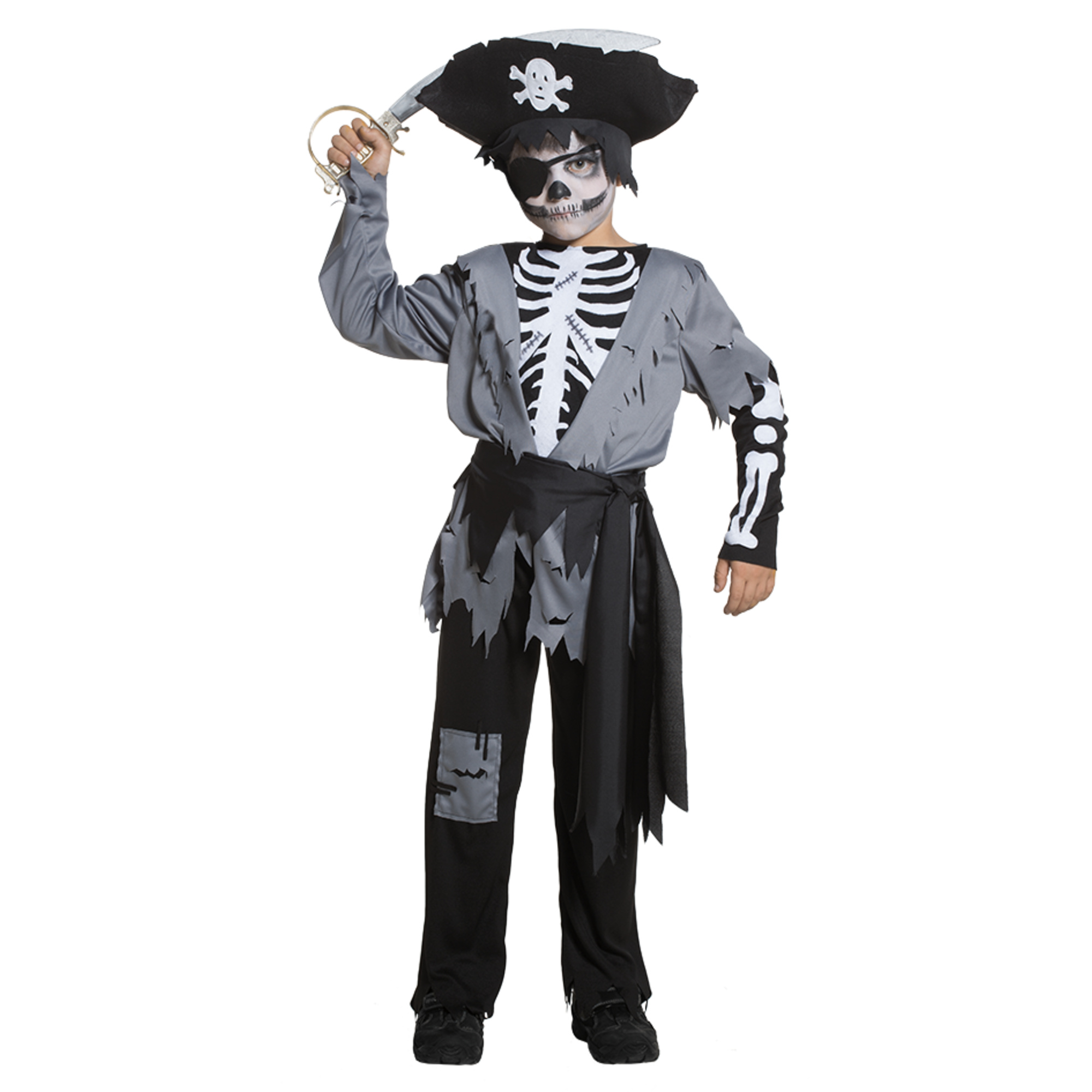 Costume pirata horror per bambino - tessuto jersey elasticizzato con stampa, include casacca, pantaloni, cintura, cappello e benda - disponibile in diverse taglie - 