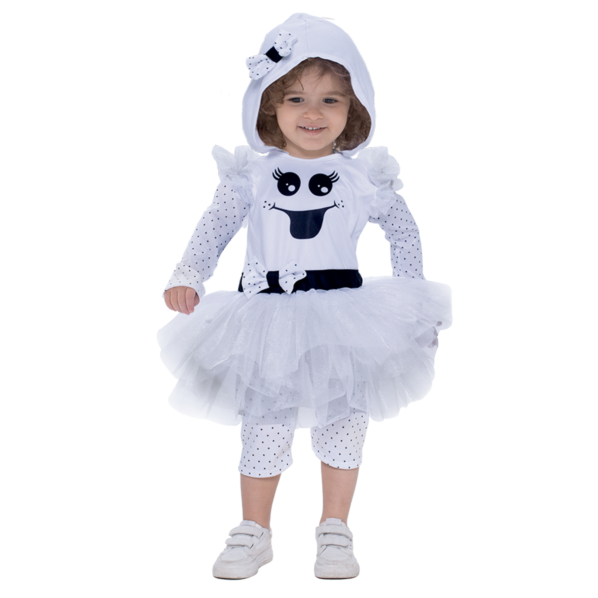 Costume fantasmina per bambini - abito in jersey elasticizzato con stampa e gonna in tulle, pantaloncini e cappuccio staccabile, disponibile in diverse taglie - 