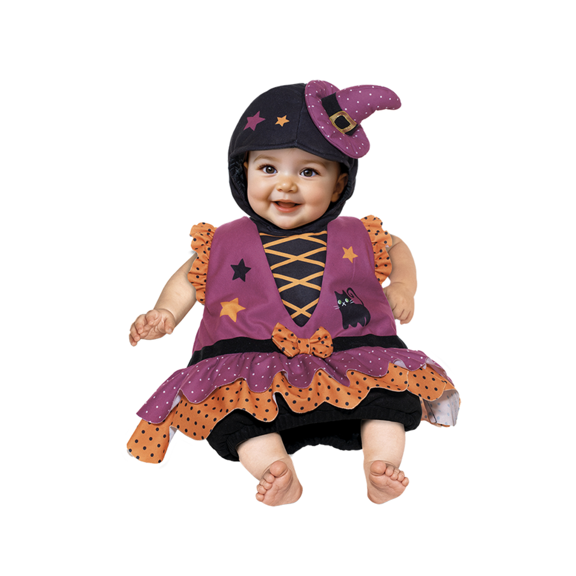 Costume halloween streghetta baby 6-12 mesi - saccotto vellutato senza maniche con cuffia - 