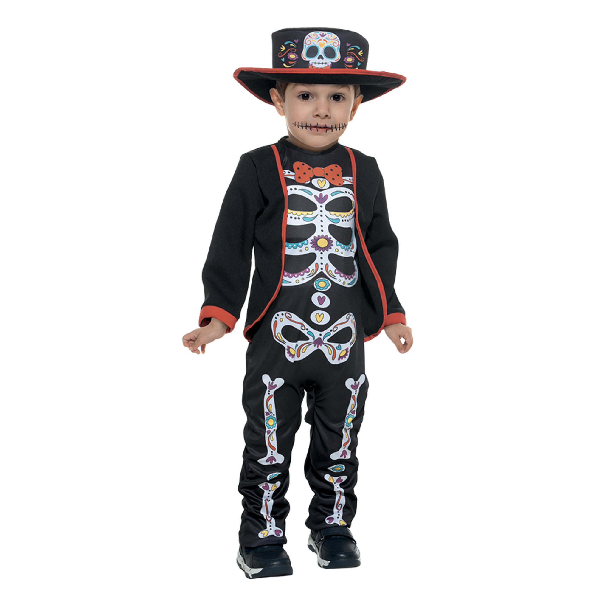 Costume niño catrin per halloween disponibile in diverse taglie - scheletrino messicano dias de los muertos in tessuto elasticizzato con cappello in feltro - 