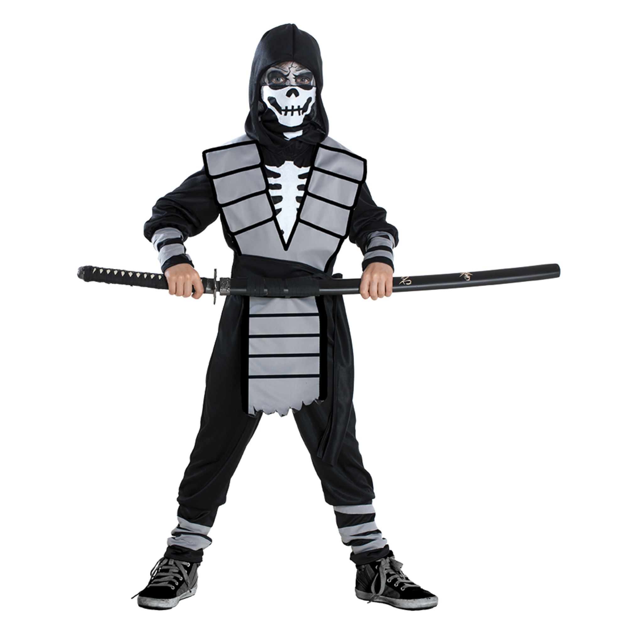 Costume ninja horror per bambino - tessuto jersey elasticizzato, tuta completa con cappuccio, cintura e bandana - disponibile in diverse taglie - 