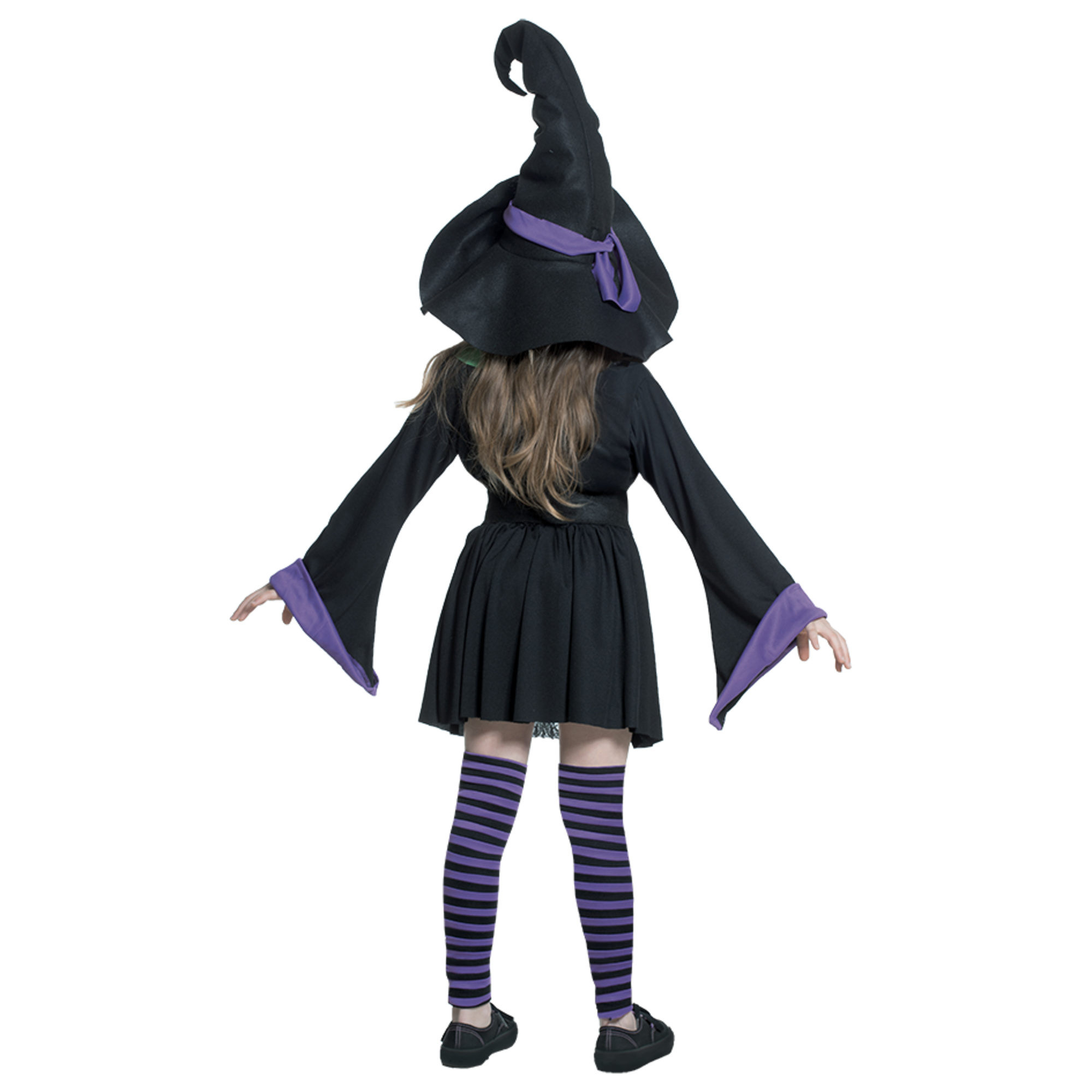 Costume strega bambina con stampa e applicazioni - tessuto jersey elasticizzato, abito, calze senza piede, cappello e cintura con fibia - disponibile in diverse taglie - 