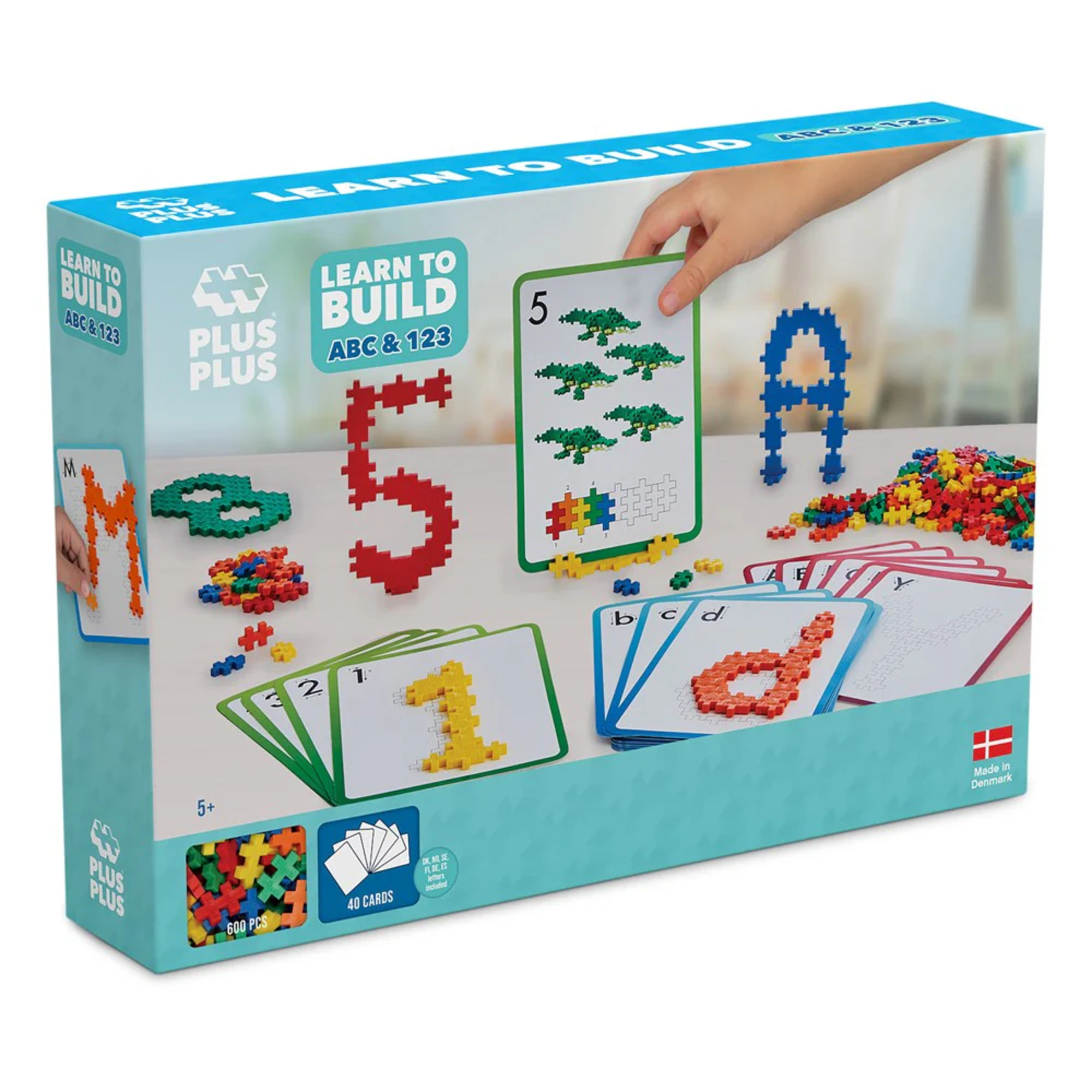 Plus-plus learn to build abc & 123 - set educativo con 600 pezzi e carte flash per imparare lettere e numeri - 