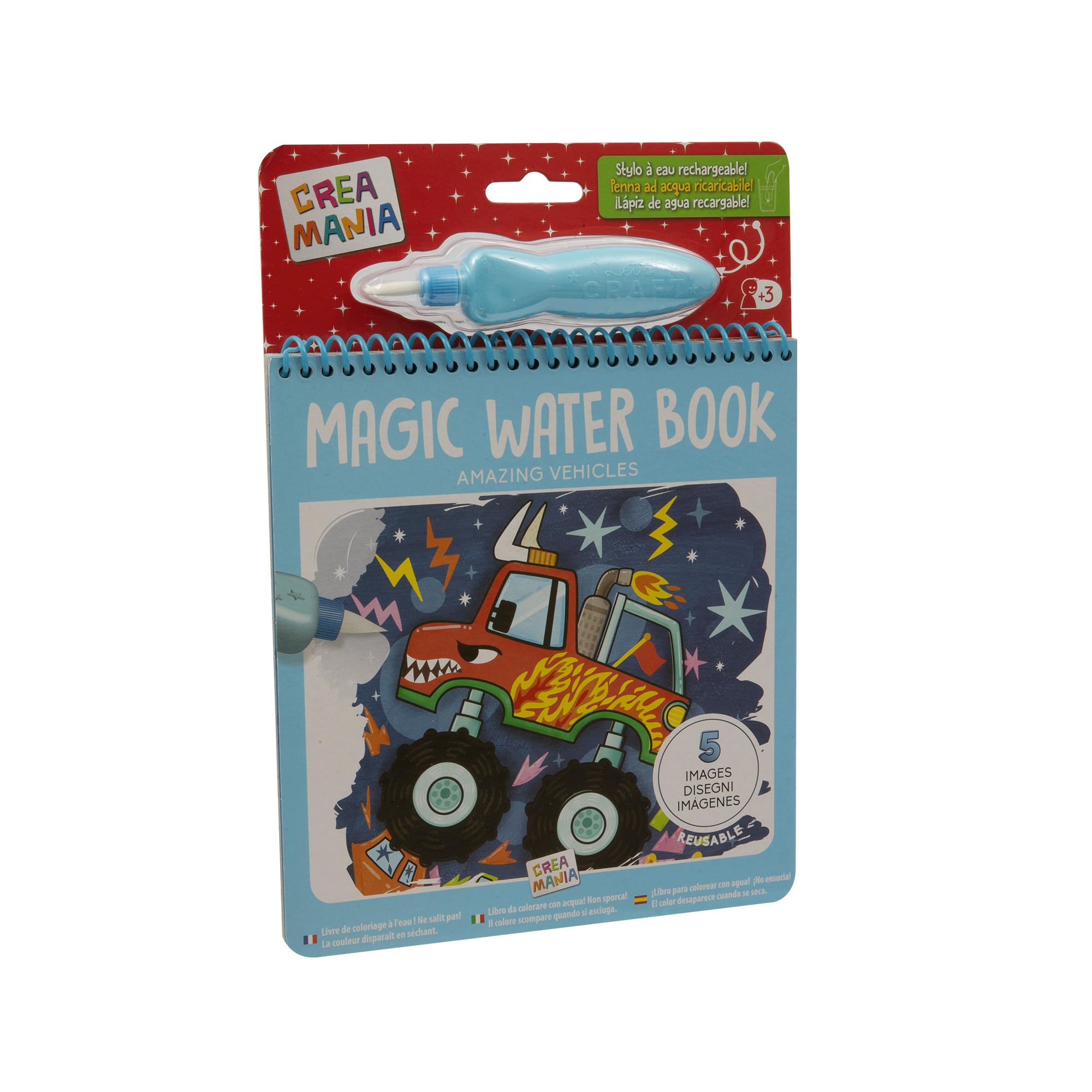 Magic water book - libretto assortito da colorare magico con acqua per bambini - unicorni, veicoli e dinosauri - 