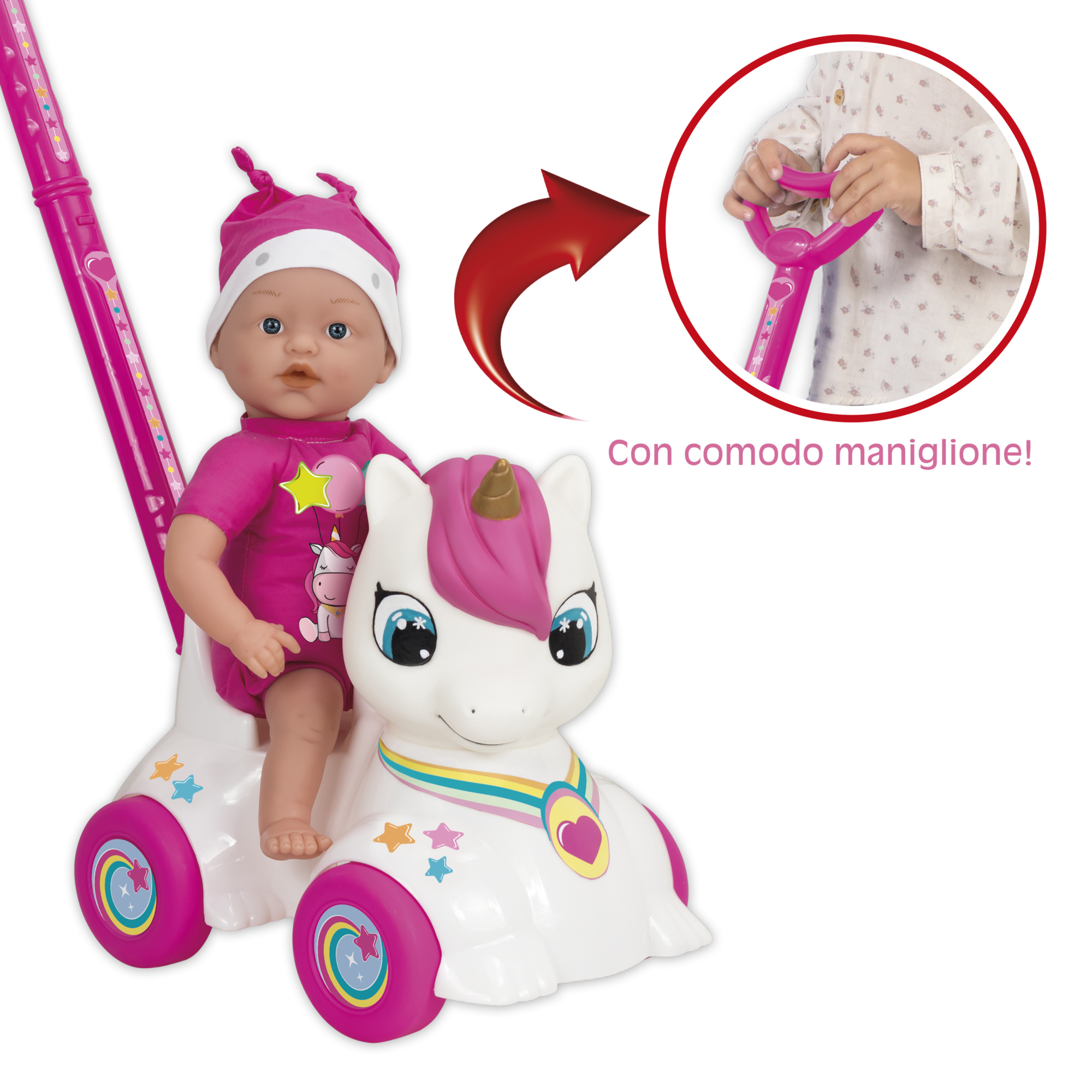 Bambola con cavalcabile unicorno per passeggiate divertenti 37 cm - love bebè - SUPERSTAR