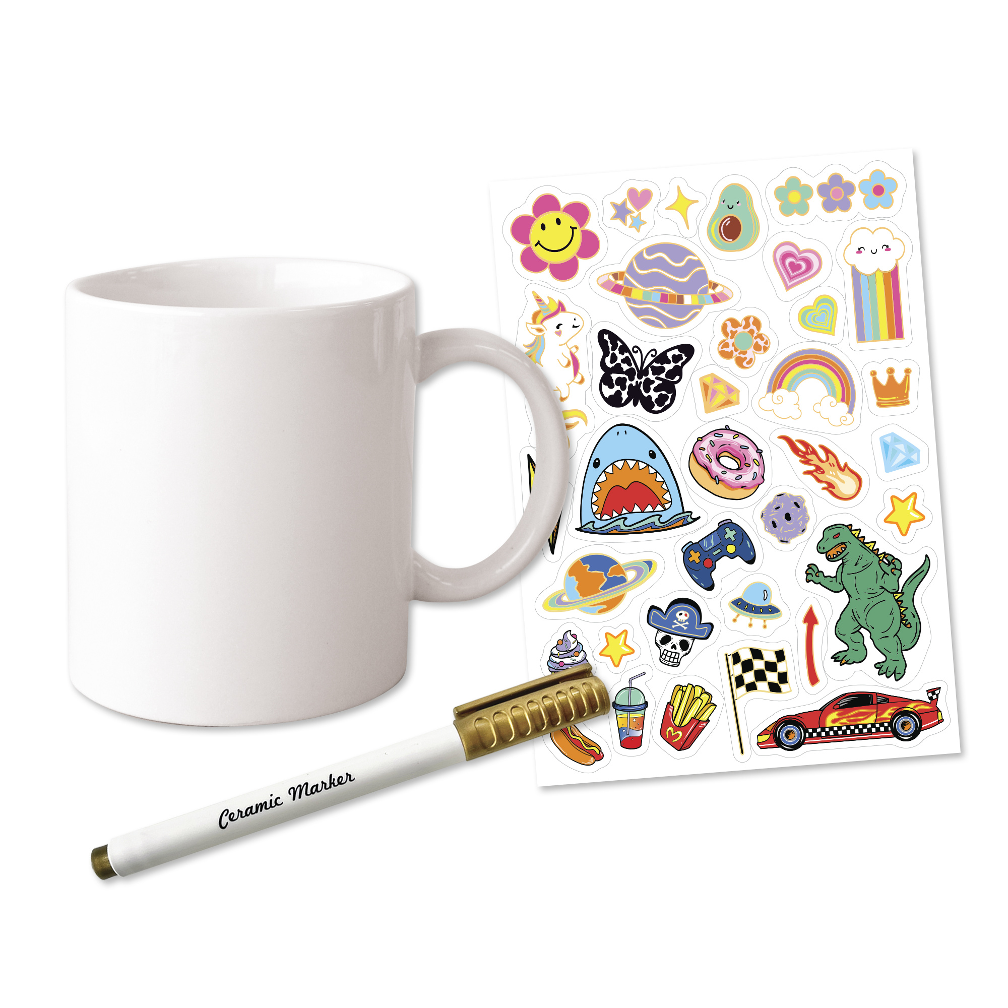 Set creativo per tazza personalizzata - 35 stickers waterproof - pennarello dorato - ideale per bambini - crea mania - CREAMANIA