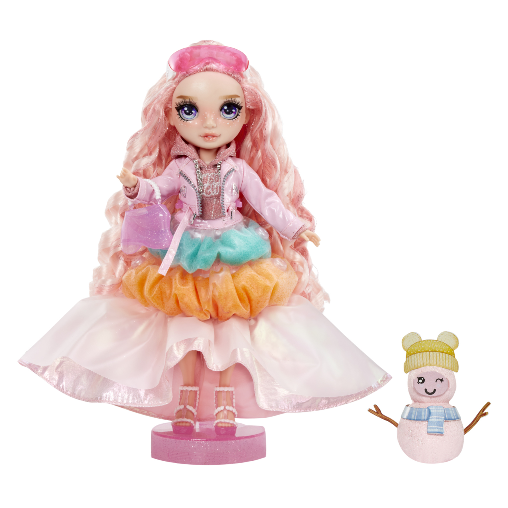 Rainbow high winter wonderland bella - bambola viola 28 cm con neve magica gonfiabile e kit pupazzo di neve nascosti nei vestiti - Rainbow High